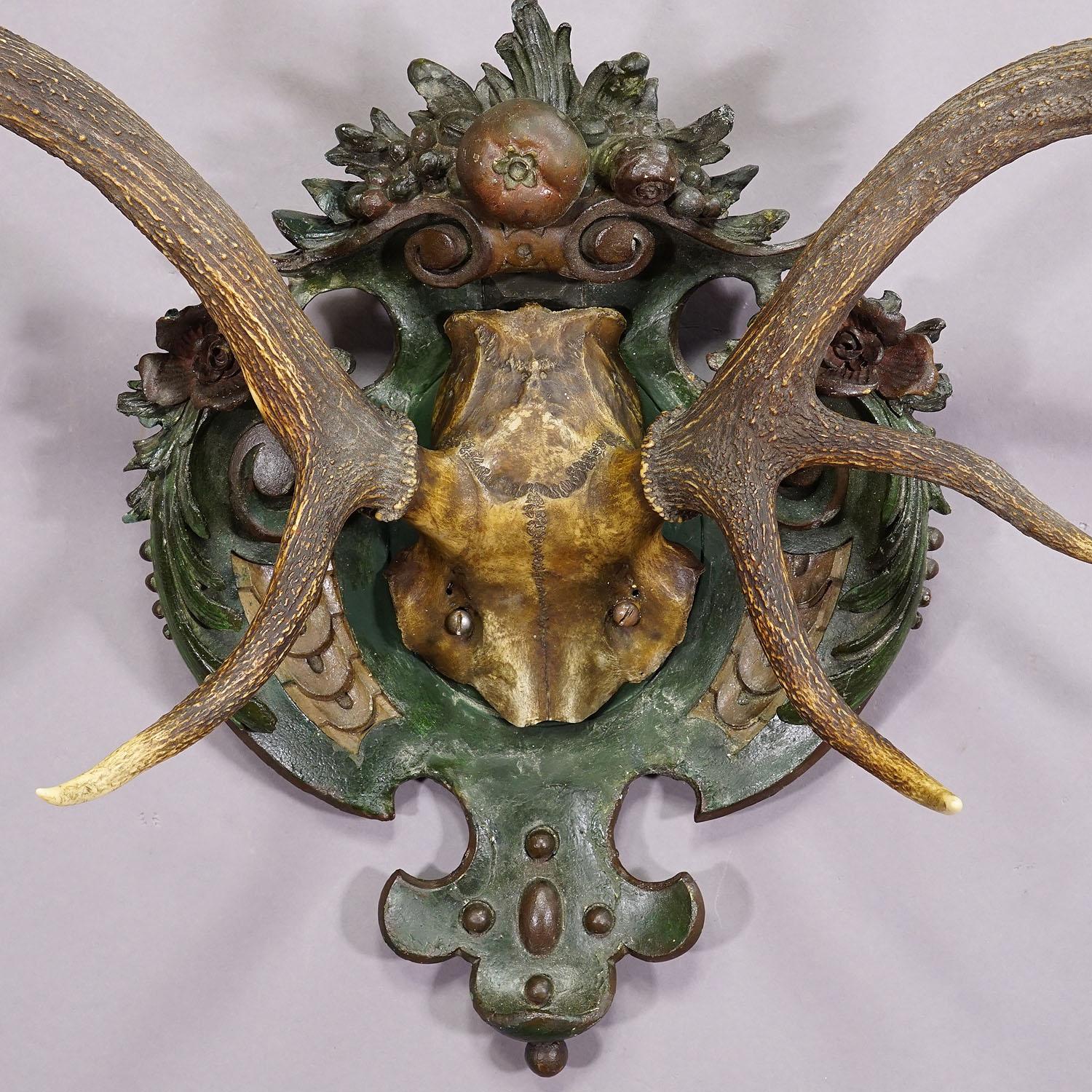 German Antique Black Forest Red Deer Trophy on Reliefed Plaster Plaque