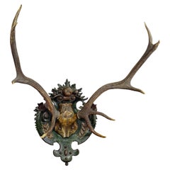 Antique Black Forest Red Deer Trophy on Reliefed Plaster Plaque
