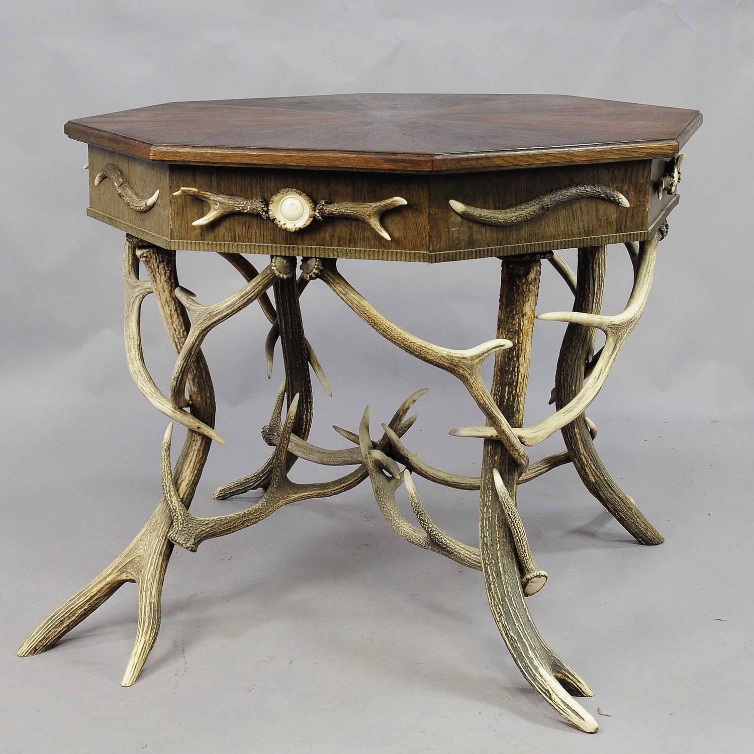 Hand-Carved Antique Black Forest Rustic Antler Table ca. 1900 For Sale