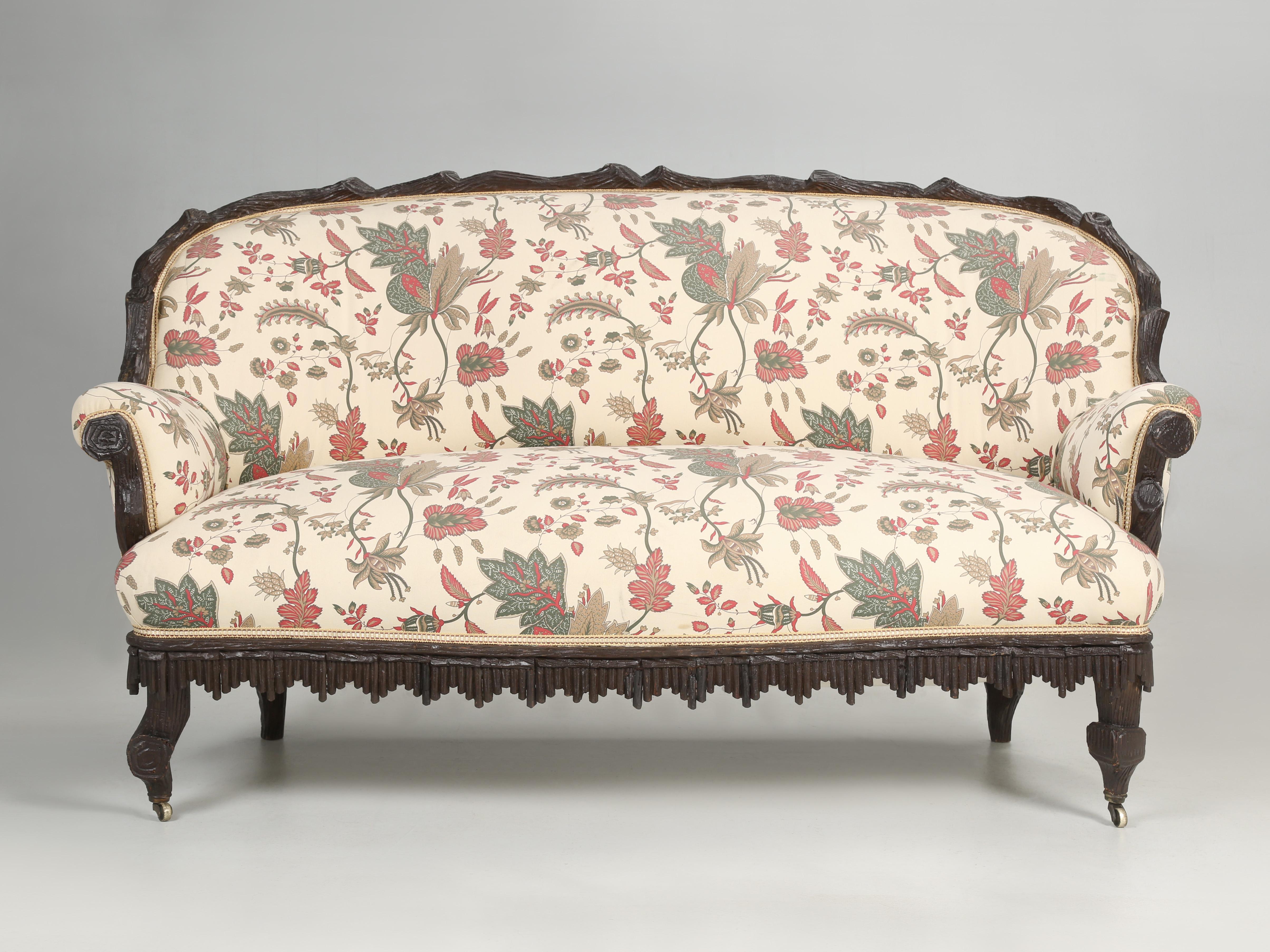 Hand-Carved Antique Black Forest Sofa with Pair of Chairs (3) Pieces Photoshopped with Linen For Sale