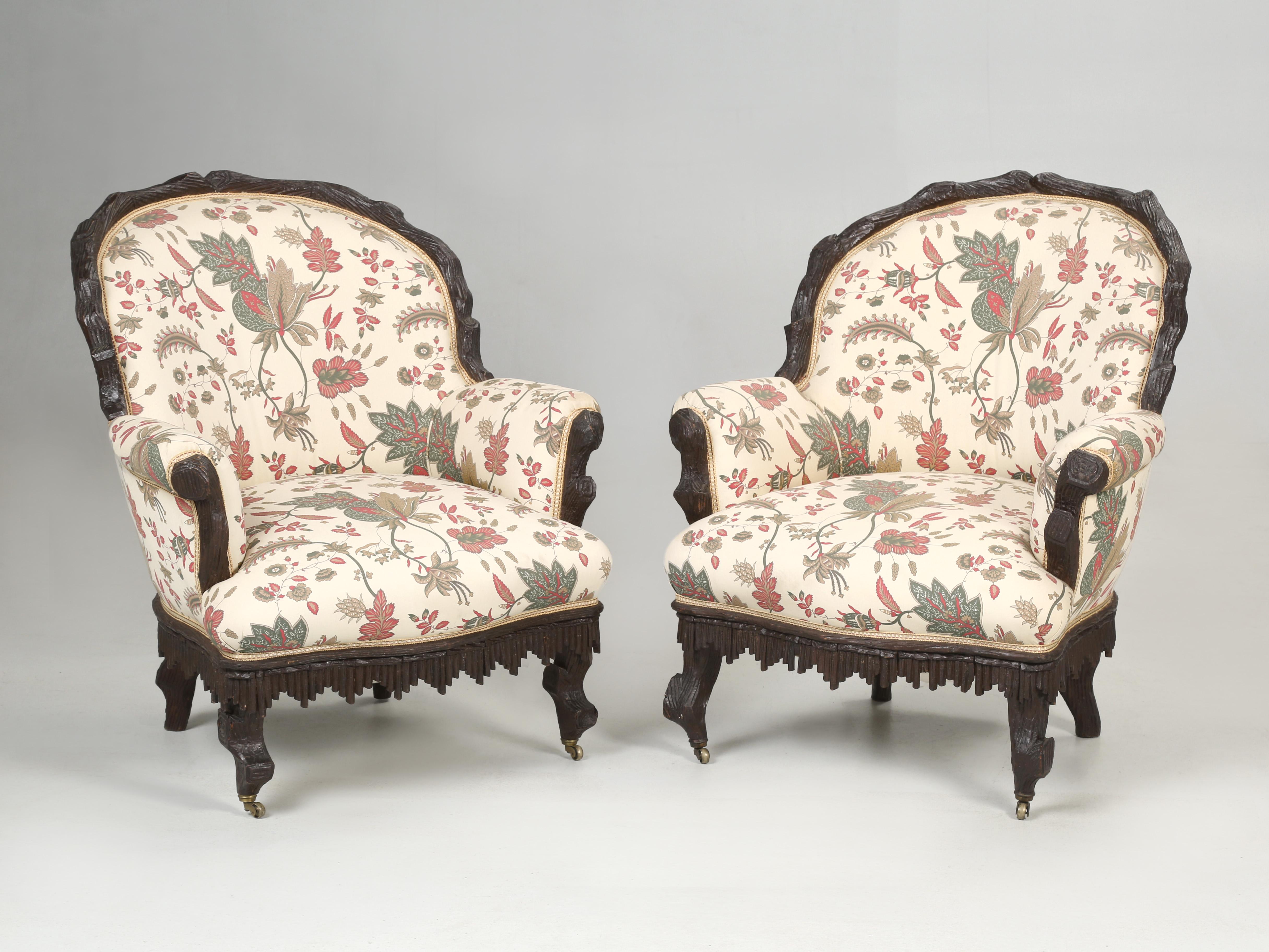Upholstery Antique Black Forest Sofa with Pair of Chairs (3) Pieces Photoshopped with Linen For Sale