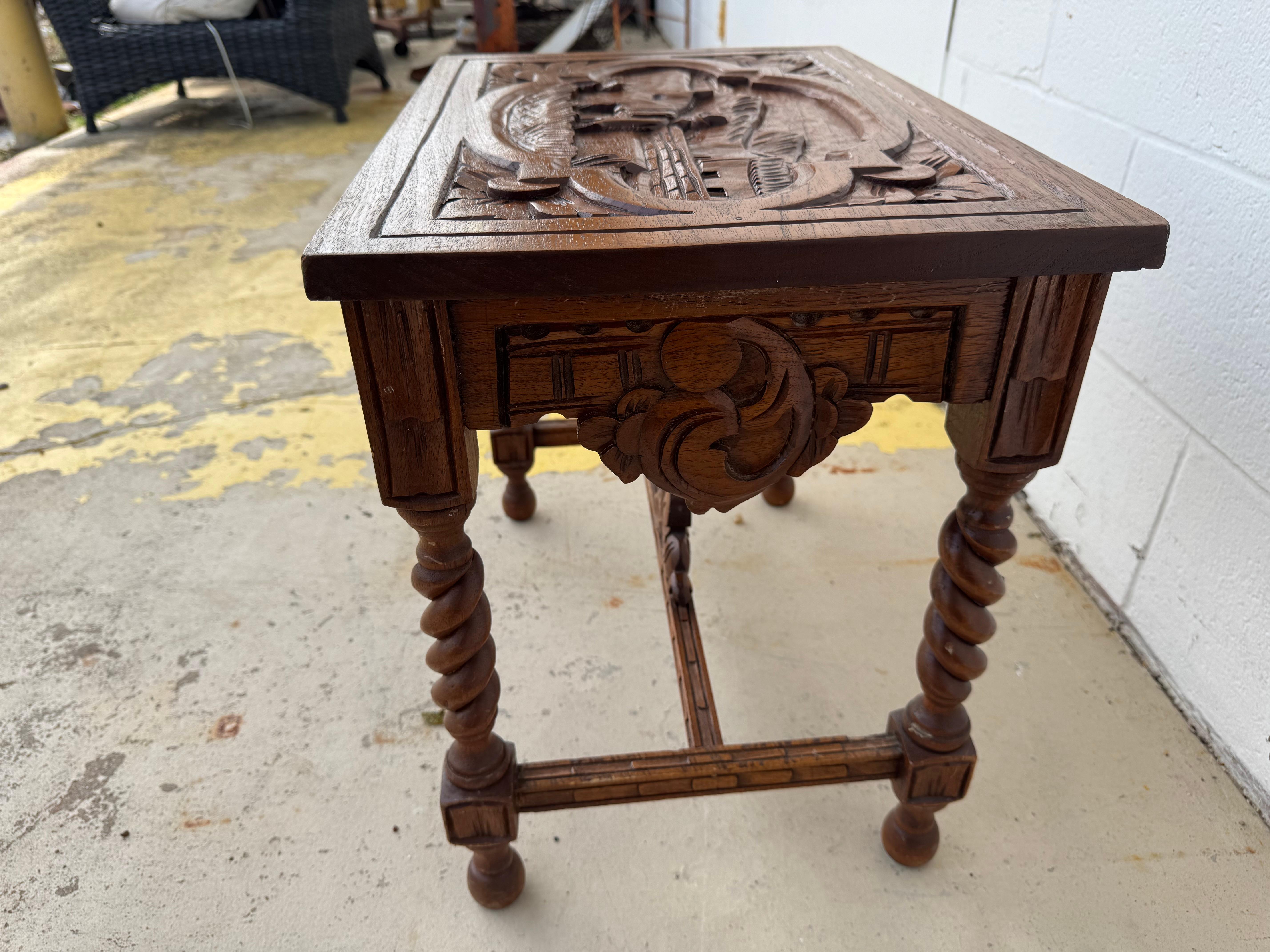 Hand-Carved Antique Black Forest Style Barley Twist Side Table For Sale