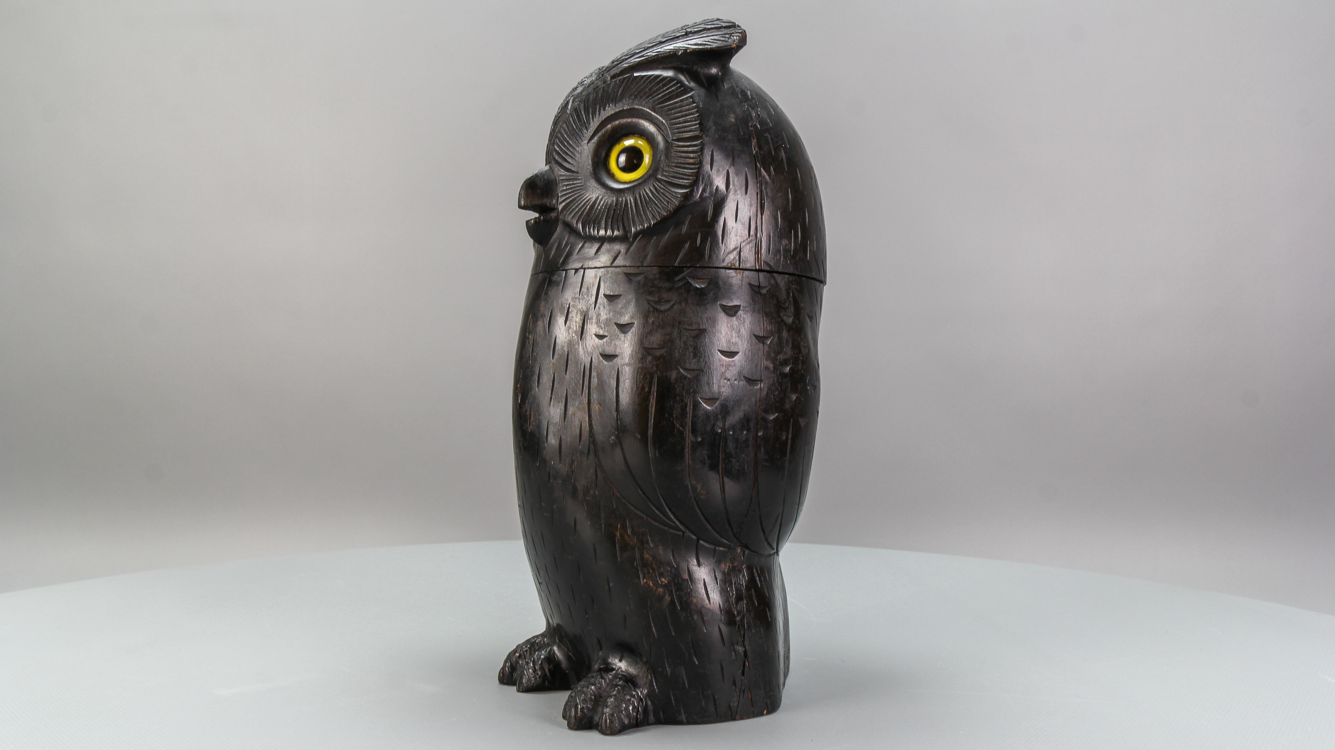 Antique Black Forest Style Wooden Carved Trinket Box or Bucket Owl, circa 1920 For Sale 1