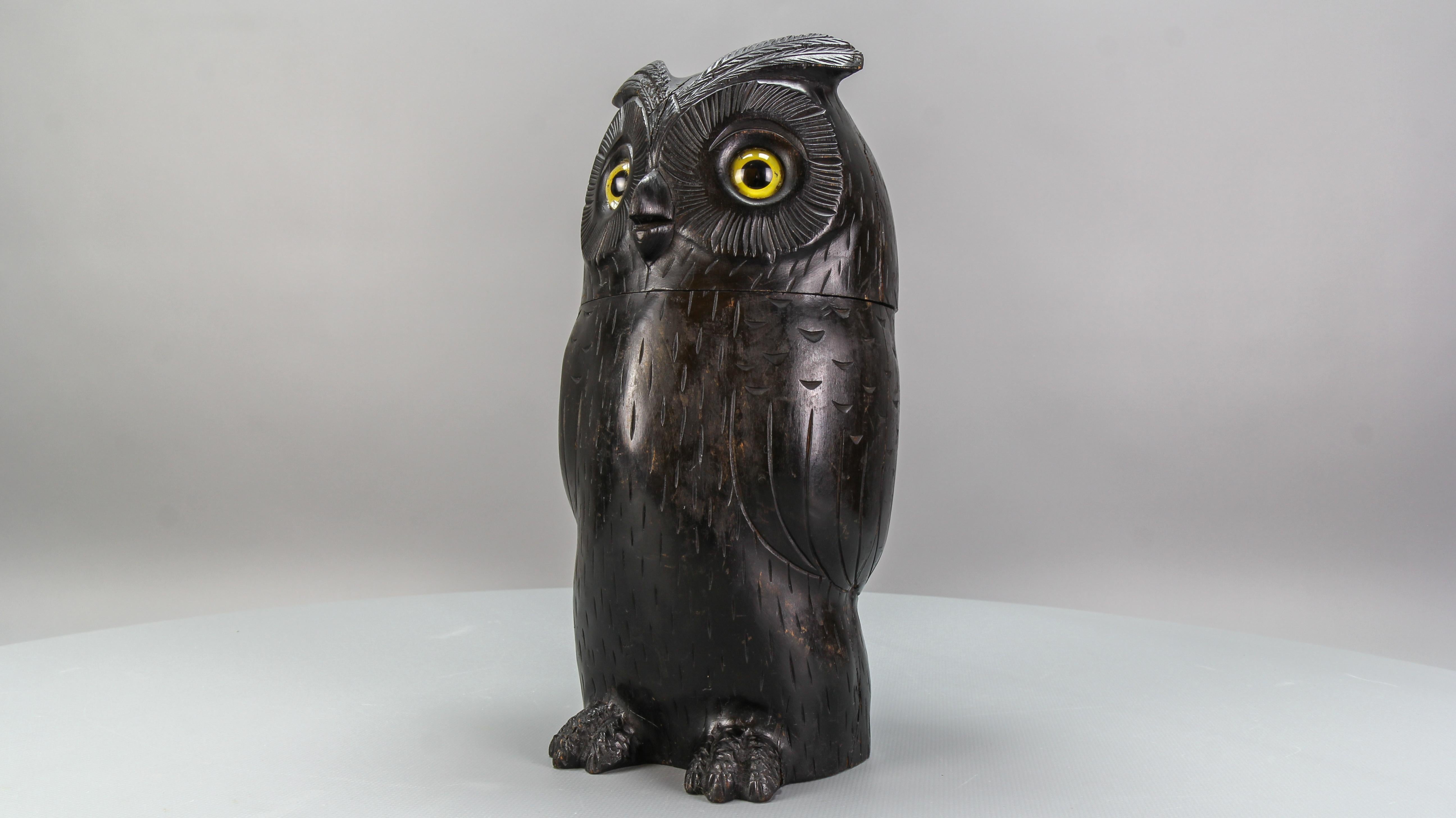 Antique Black Forest Style Wooden Carved Trinket Box or Bucket Owl, circa 1920 For Sale 2