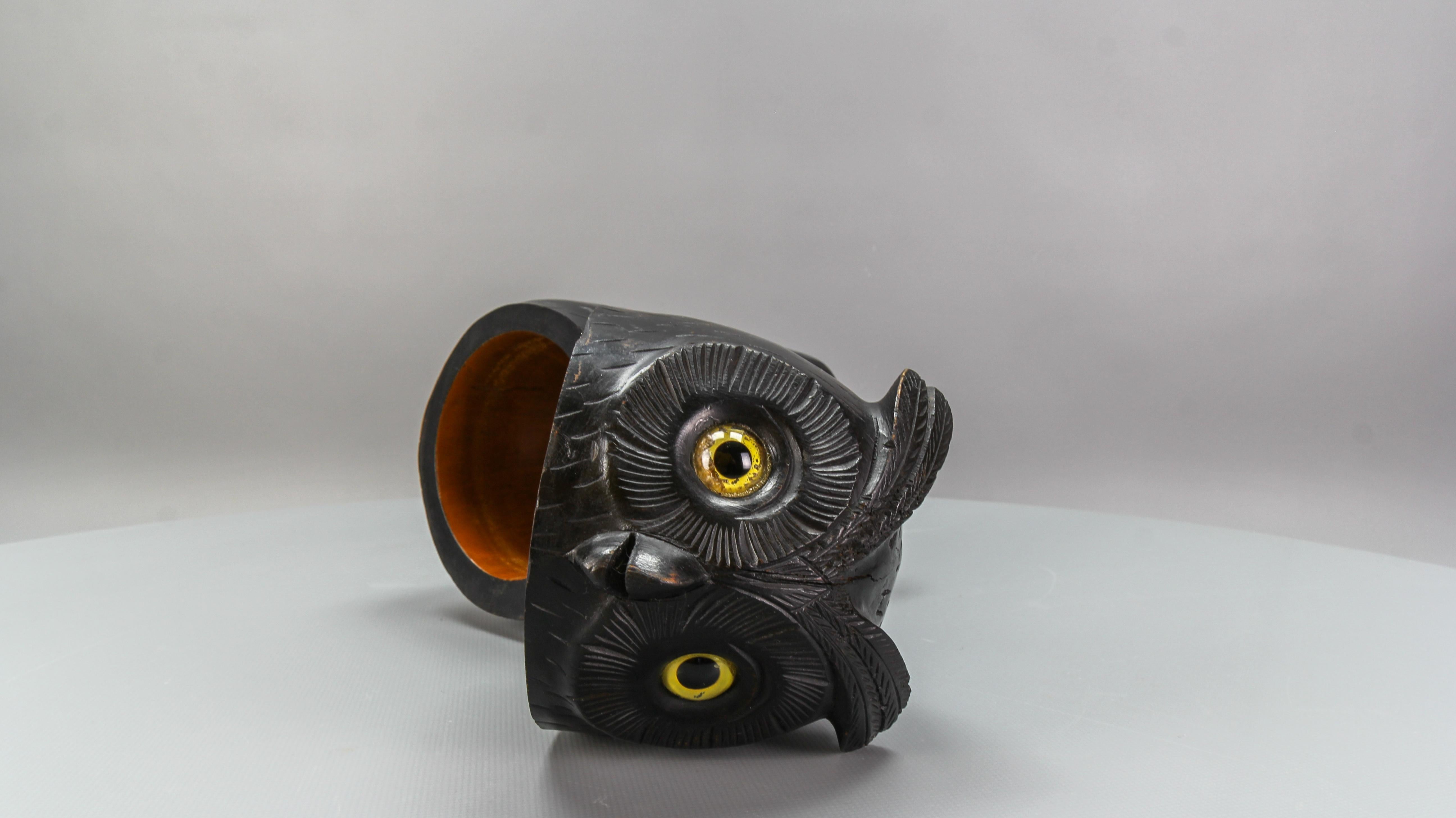 Antique Black Forest Style Wooden Carved Trinket Box or Bucket Owl, circa 1920 For Sale 6