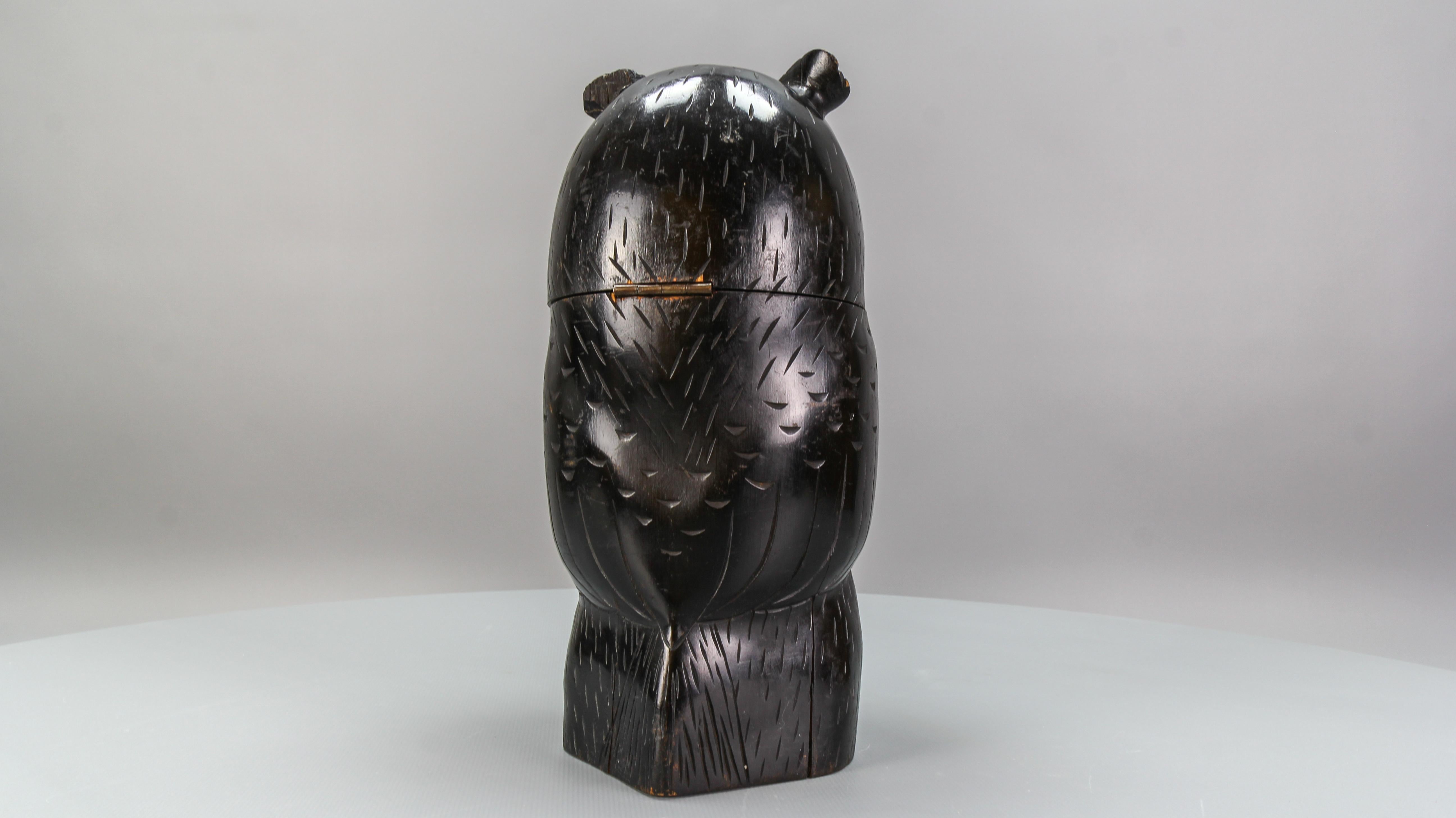 Antique Black Forest Style Wooden Carved Trinket Box or Bucket Owl, circa 1920 In Good Condition For Sale In Barntrup, DE