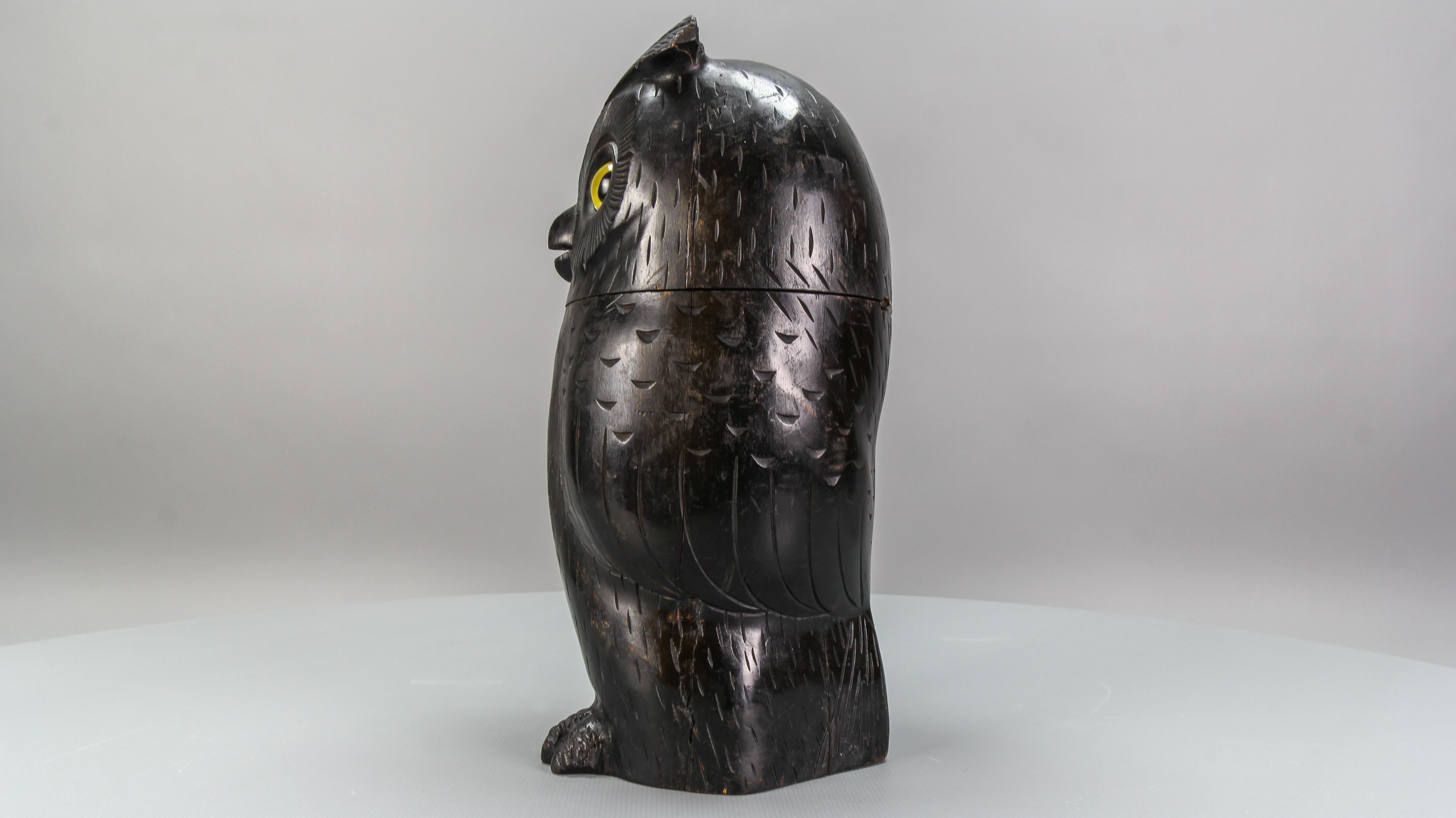 Oak Antique Black Forest Style Wooden Carved Trinket Box or Bucket Owl, circa 1920 For Sale