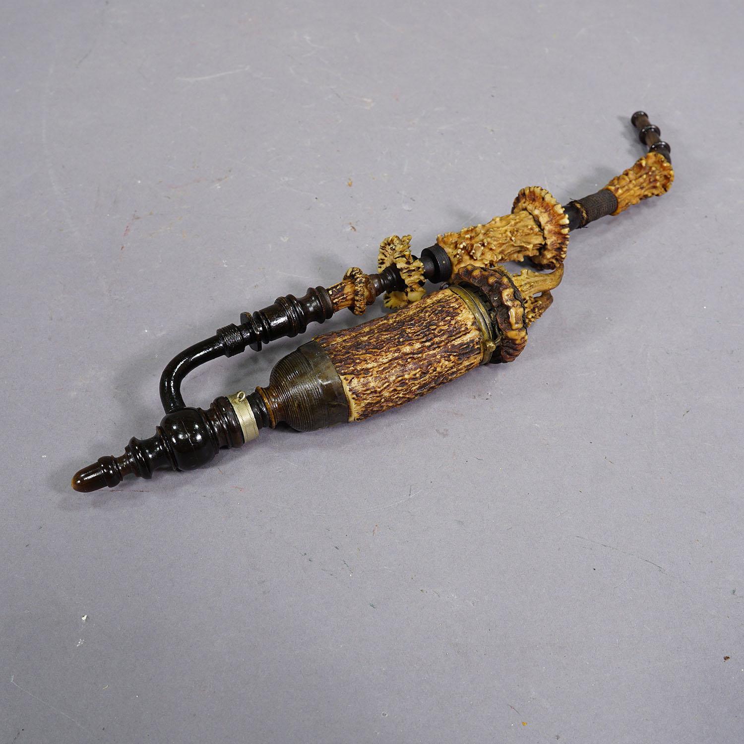 German Antique Black Forest Tobacco Pipe with Roe Deer Horn For Sale