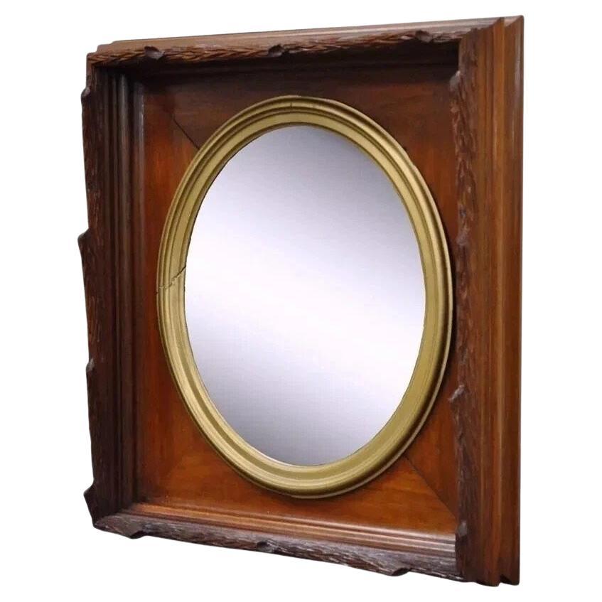 Antique Black Forest Victorian Faux Bois Carved Mahogany Gold Gilt Wall Mirror For Sale