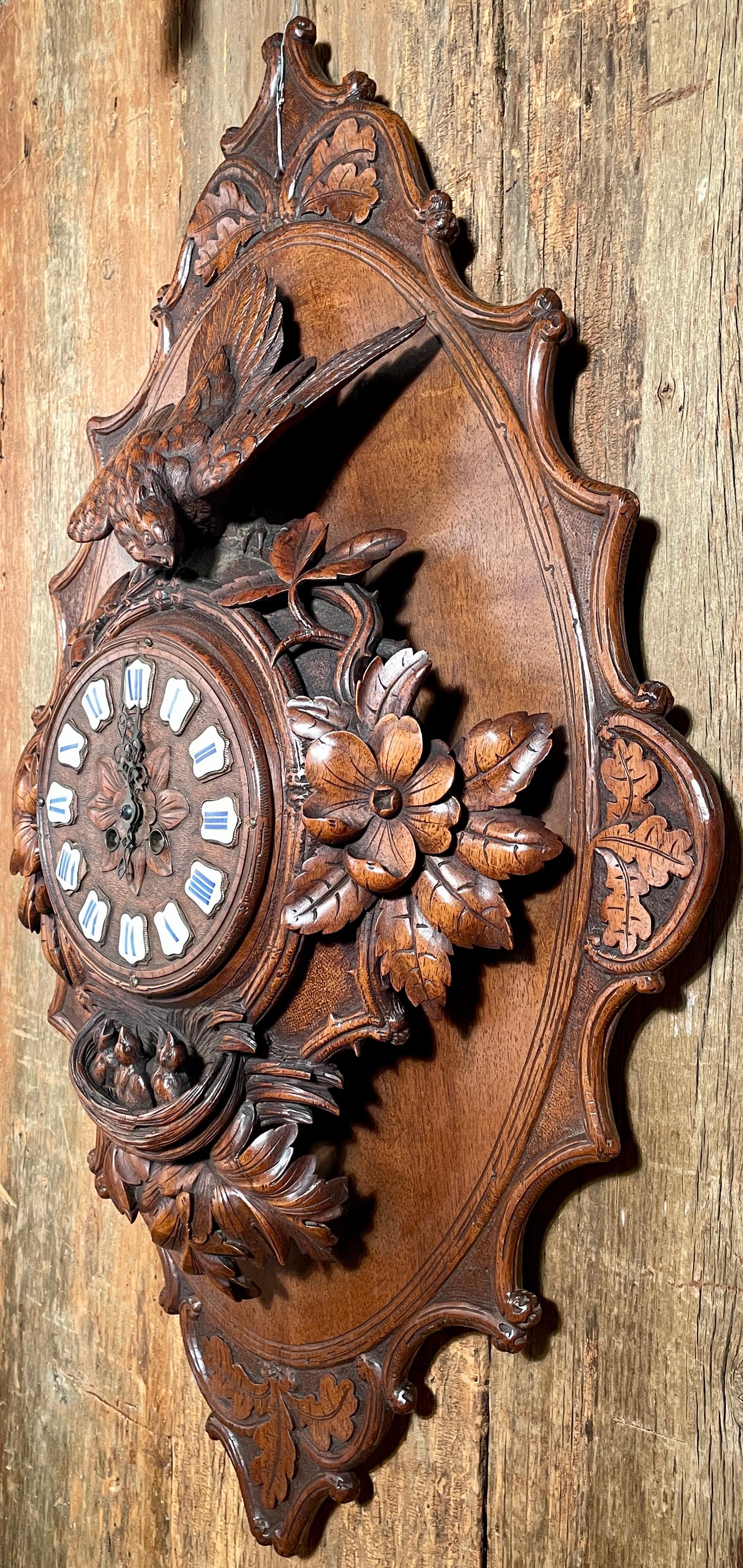 Antique German Black Forest Wall Clock with Carved Bird and Florals, Circa 1880.