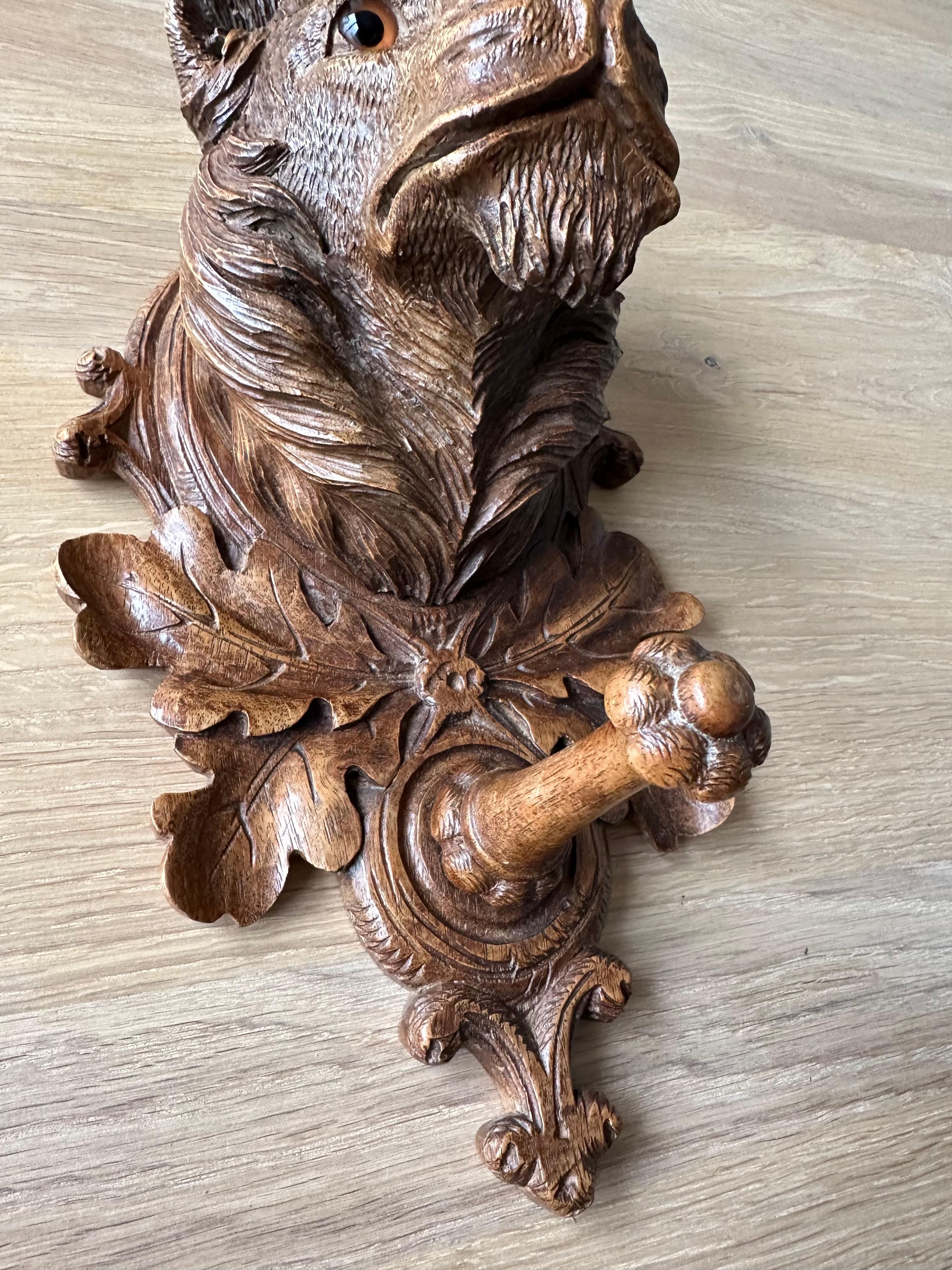Antique Black Forest Wall Coat Rack with Carved Nutwood Lion Sculpture and Hook 9