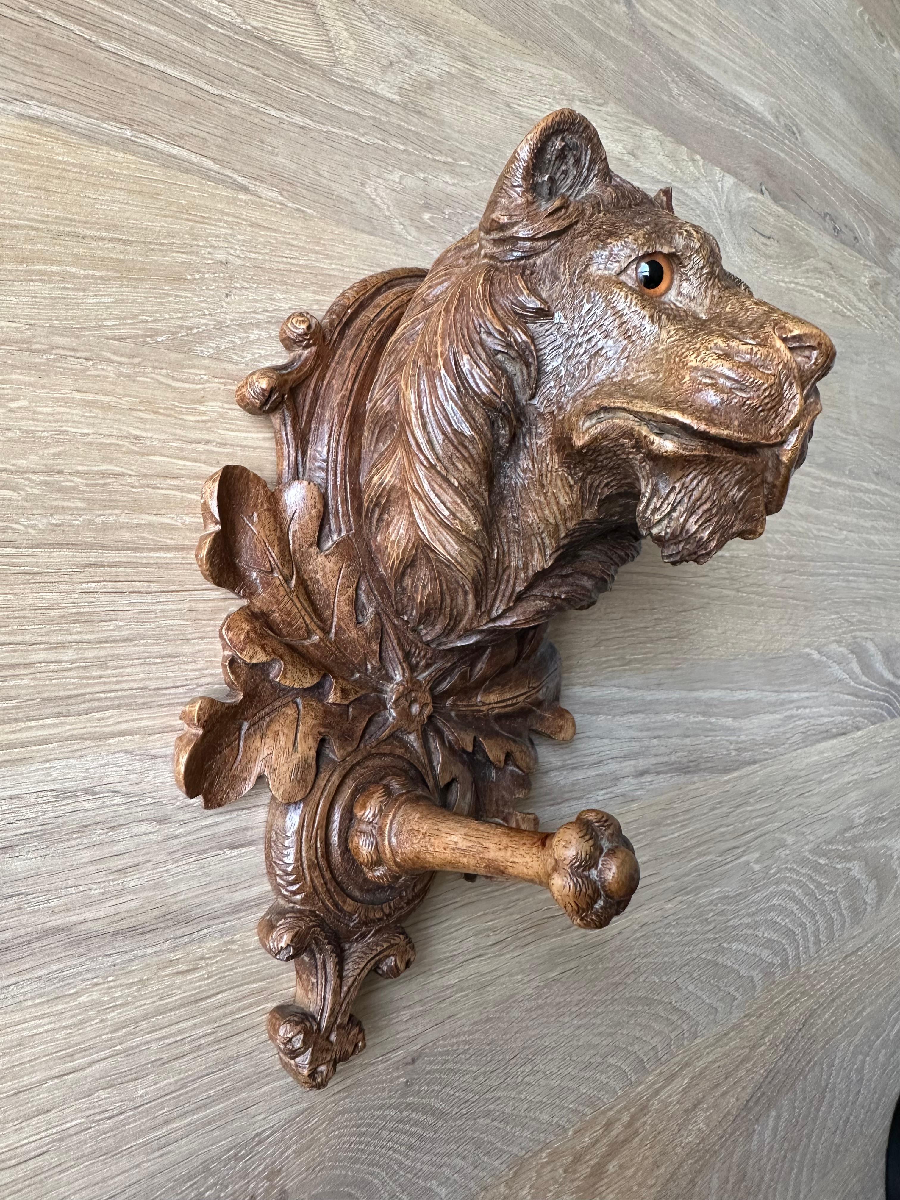 Antique Black Forest Wall Coat Rack with Carved Nutwood Lion Sculpture and Hook 14