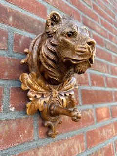 Antique Black Forest Wall Coat Rack with Carved Nutwood Lion Sculpture and Hook