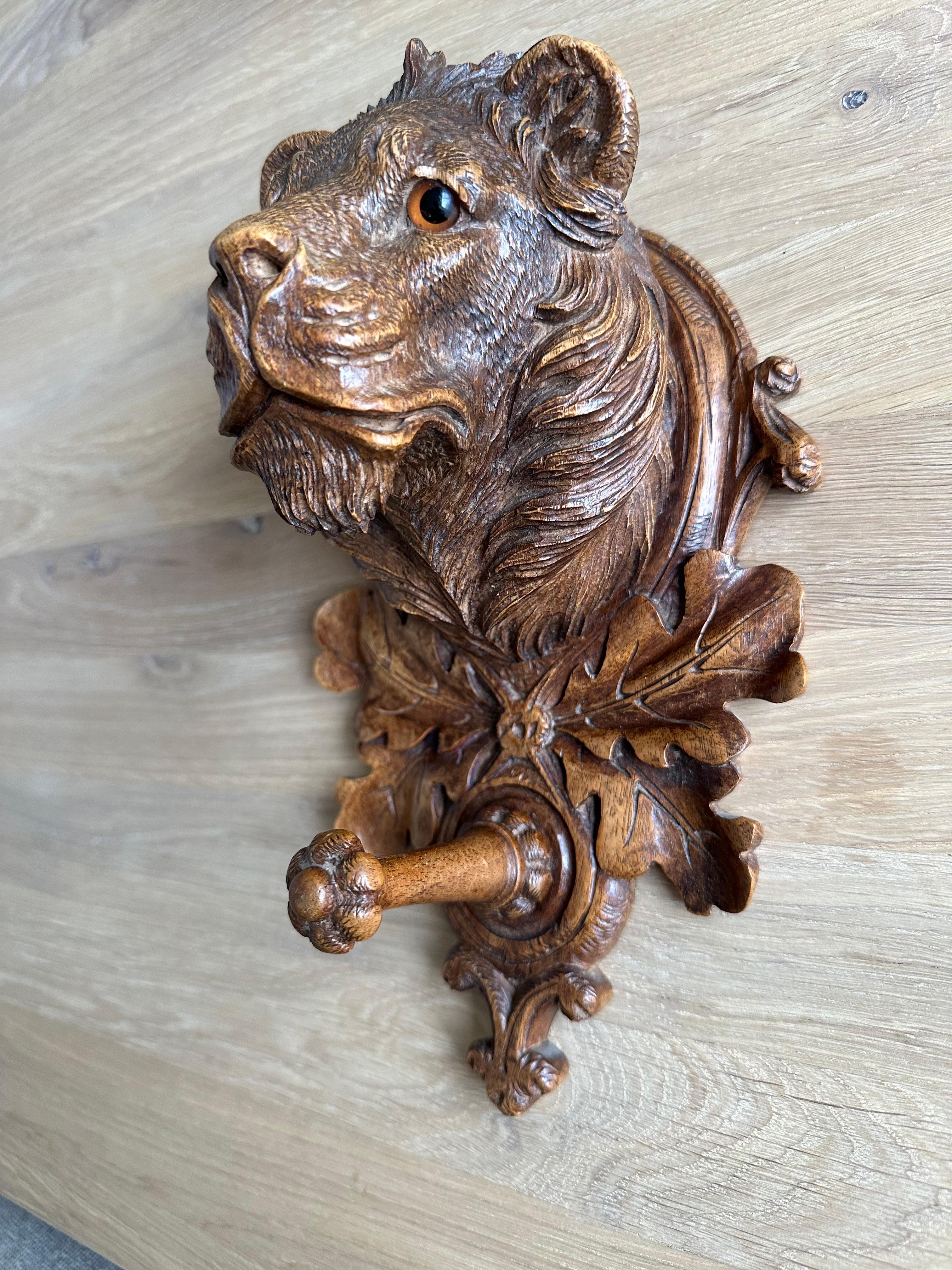Swiss Antique Black Forest Wall Coat Rack with Carved Nutwood Lion Sculpture and Hook