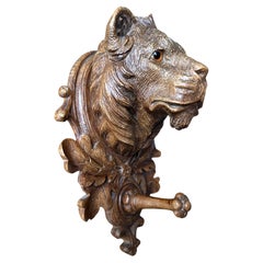 Antique Black Forest Wall Coat Rack with Carved Nutwood Lion Sculpture and Hook