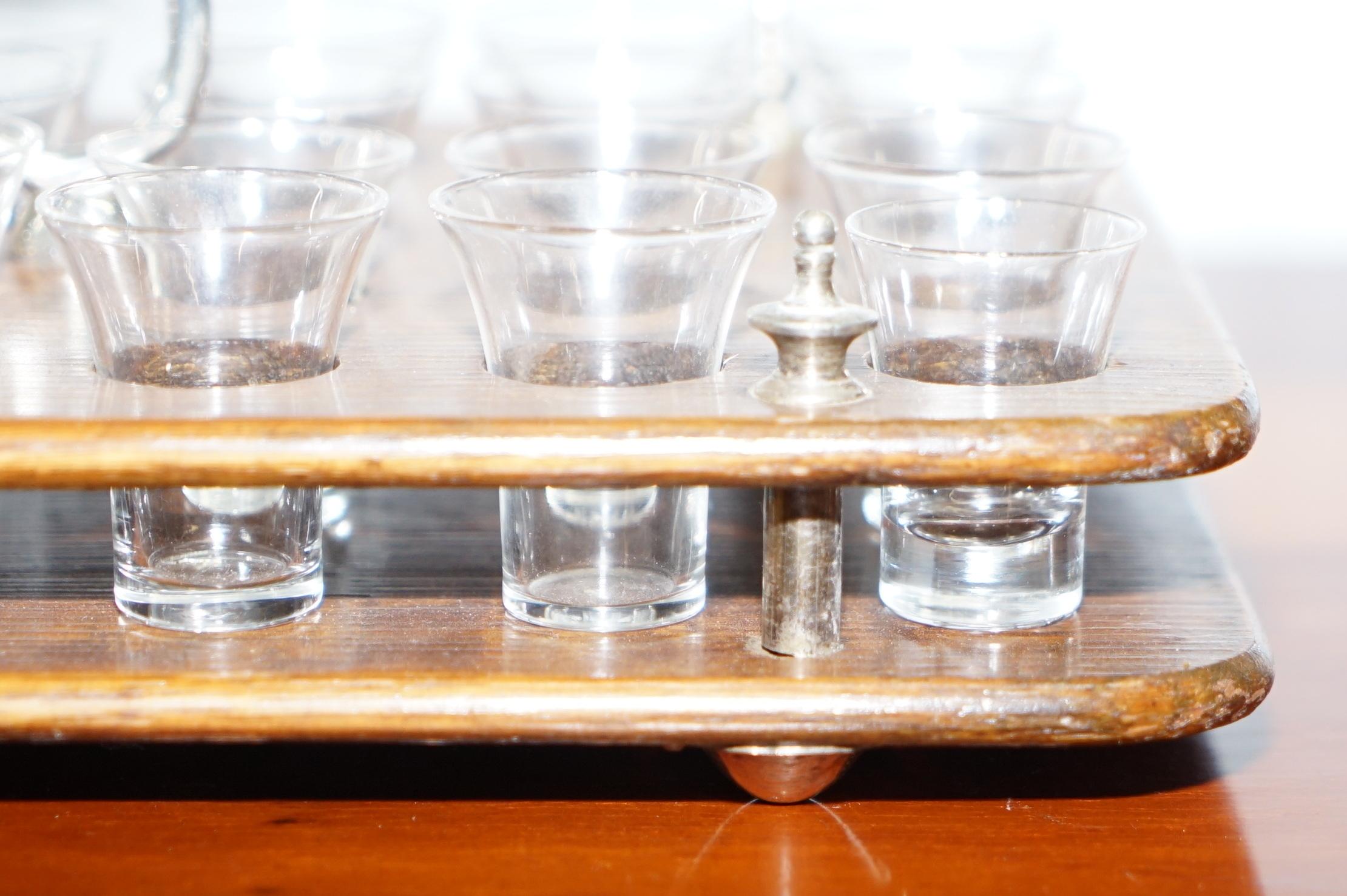 Antique Black Forest Wood 40 Shot Glass Serving Tray, Silver Mounted Handles 4
