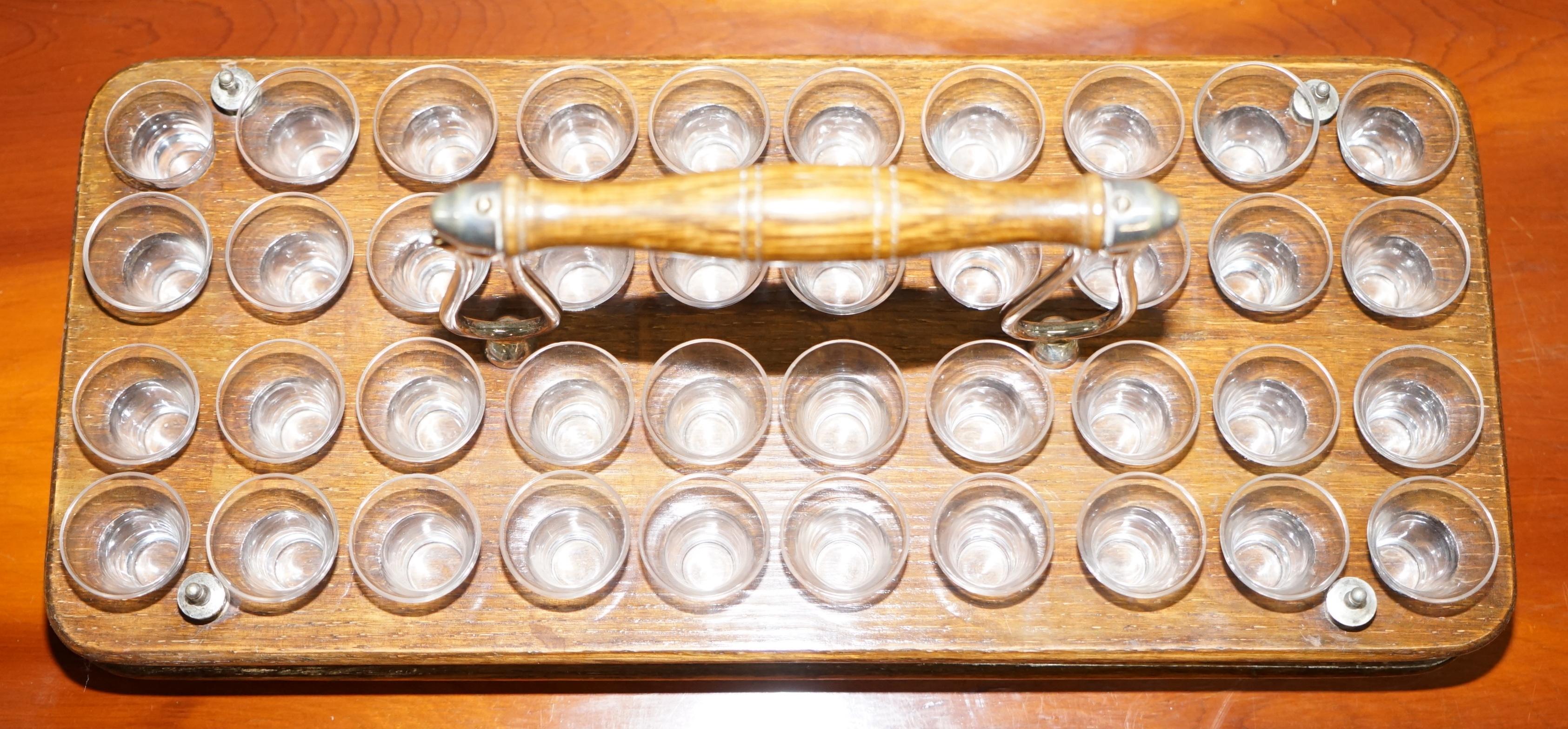 Early 20th Century Antique Black Forest Wood 40 Shot Glass Serving Tray, Silver Mounted Handles