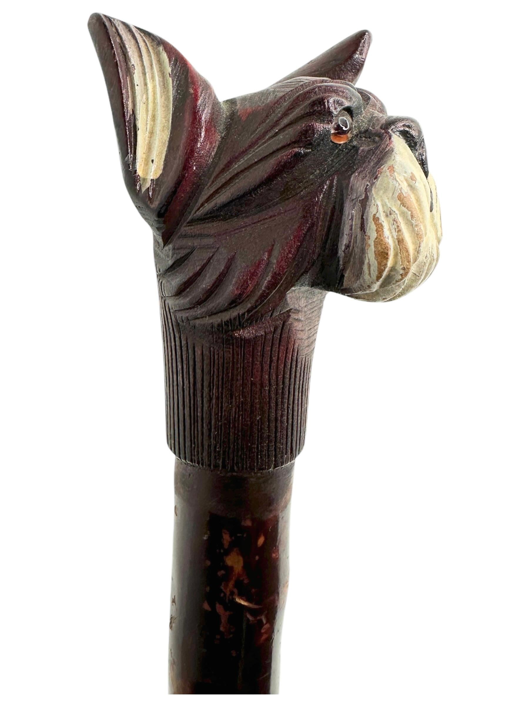Folk Art Antique Black Forest Wood Carved Scotty Dog Walking Stick Cane, 1900s, Germany For Sale