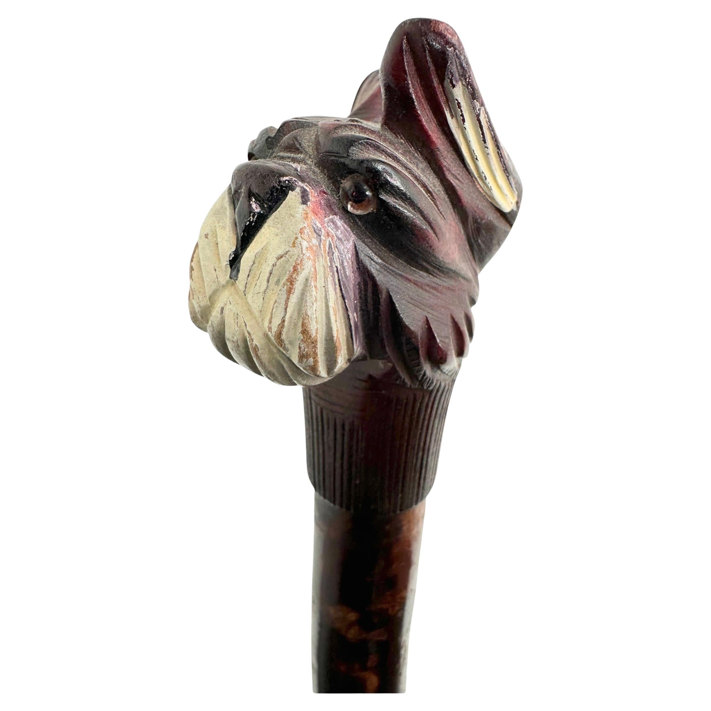 Antique Black Forest Wood Carved Scotty Dog Walking Stick Cane, 1900s, Germany