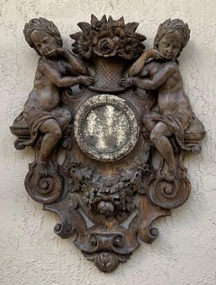 Antique Black Forest Wood Carving, Cherubs with Floral Basket, Mirror, 19th Cen