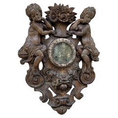 Antique Black Forest Wood Carving, Cherubs with Floral Basket, Mirror, 19th Cen