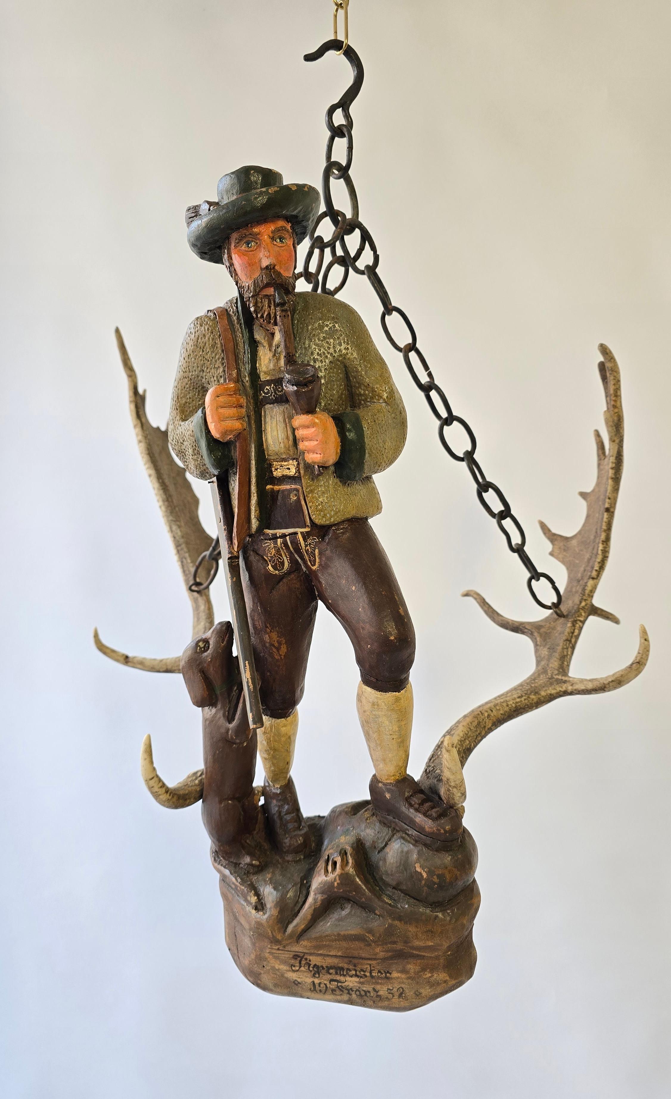 German Antique Black Forest Wood Carving  Hunter Sculpture 1952 For Sale