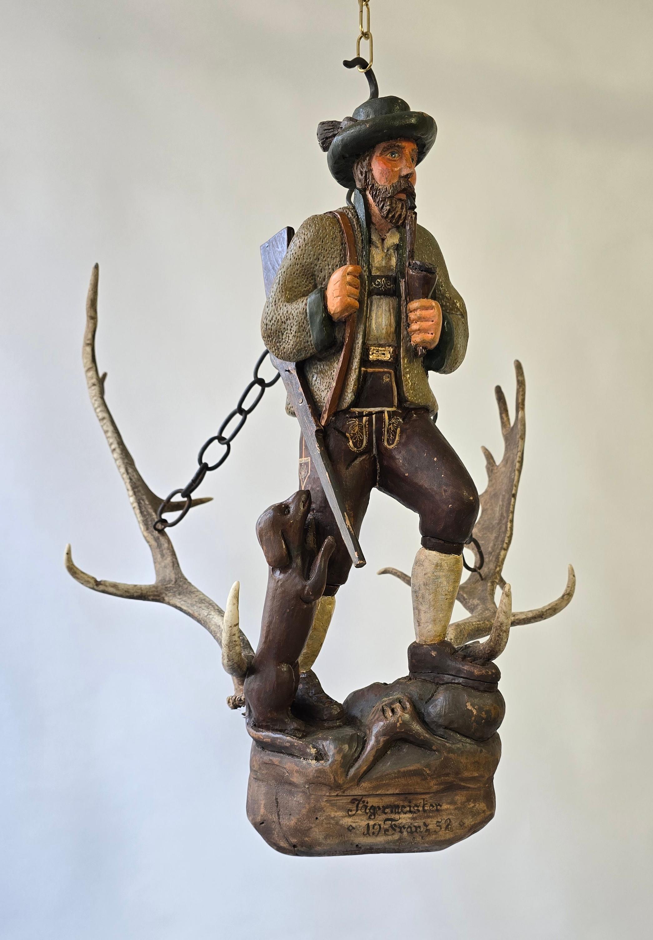 Hand-Painted Antique Black Forest Wood Carving  Hunter Sculpture 1952 For Sale