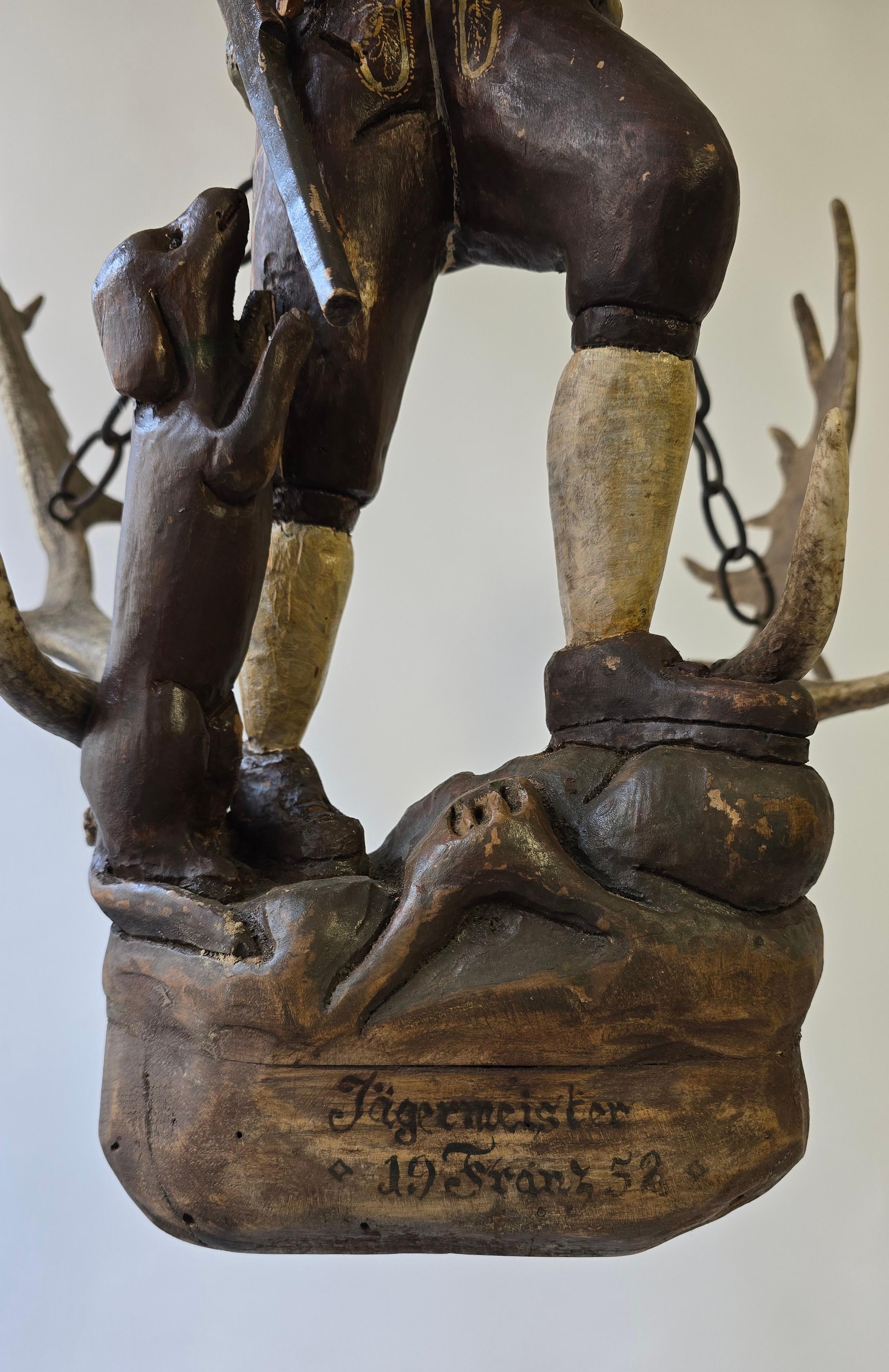20th Century Antique Black Forest Wood Carving  Hunter Sculpture 1952 For Sale