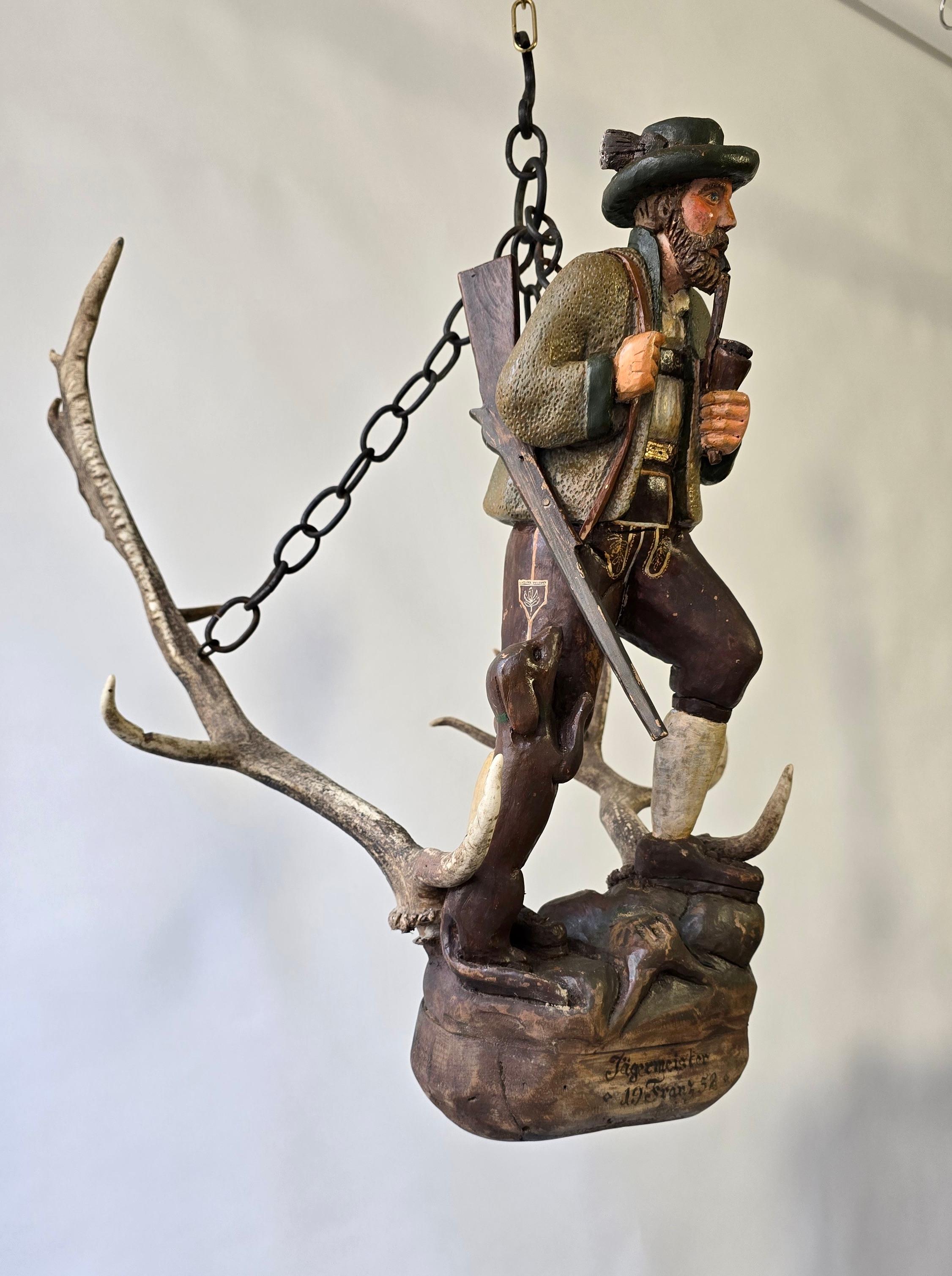 Metal Antique Black Forest Wood Carving  Hunter Sculpture 1952 For Sale