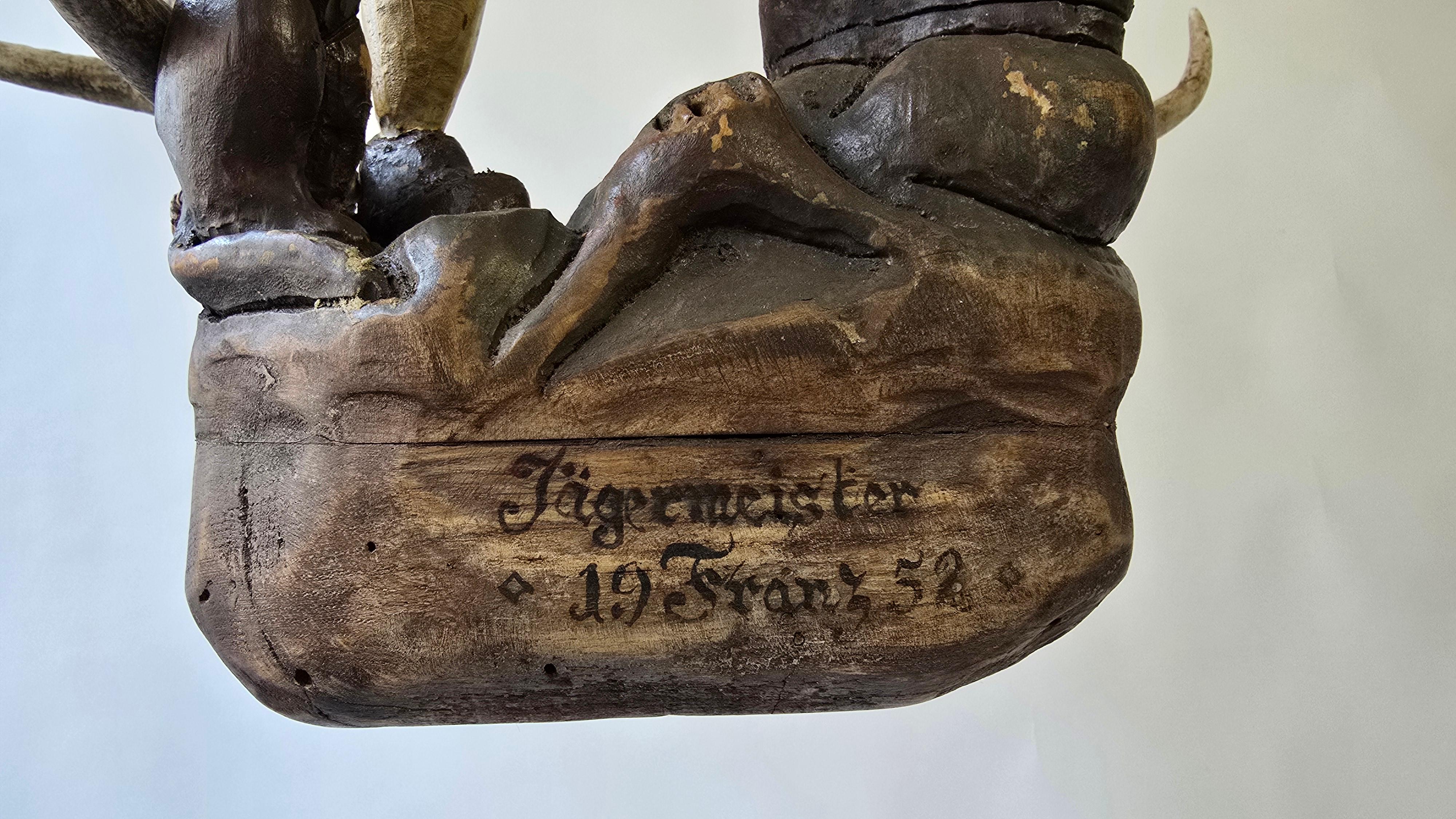 Antique Black Forest Wood Carving  Hunter Sculpture 1952 For Sale 1