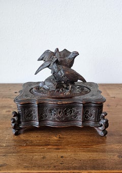 Antique Black Forest Wooden Table Box Jewelry Casket with Figural Bird Carving
