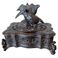 Antique Black Forest Wooden Table Box Jewelry Casket with Figural Bird Carving