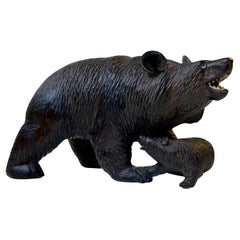Antique Black Forrest Hand Carved Bear Mother and Cub, 1900s
