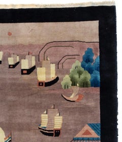 Antique Black Grey Green Blue Chinese Pictorial Area Rug with Boats, circa 1940s