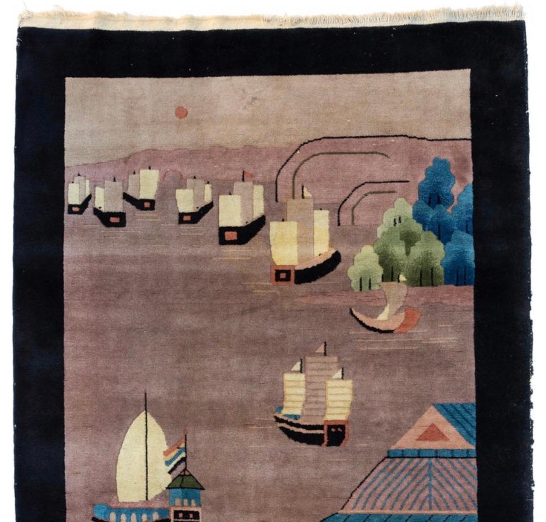 Art Deco Antique Black Grey Green Blue Chinese Pictorial Area Rug with Boats, circa 1940s For Sale