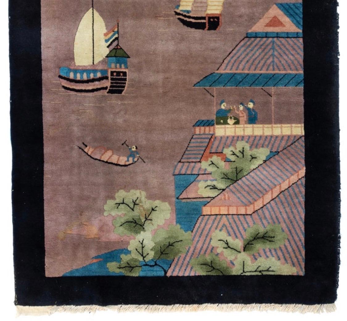 Hand-Knotted Antique Black Grey Green Blue Chinese Pictorial Area Rug with Boats, circa 1940s For Sale