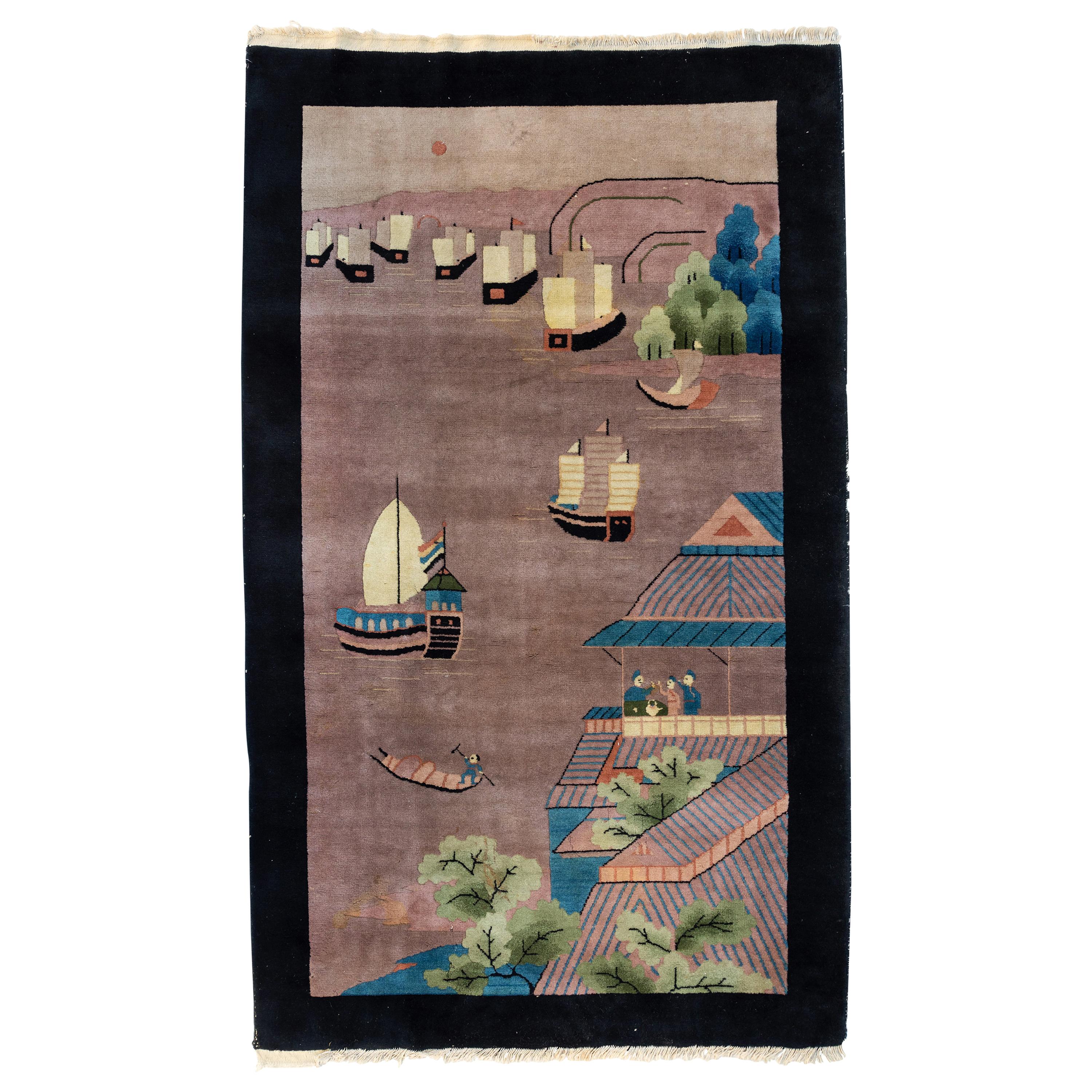 Antique Black Grey Green Blue Chinese Pictorial Area Rug with Boats, circa 1940s For Sale