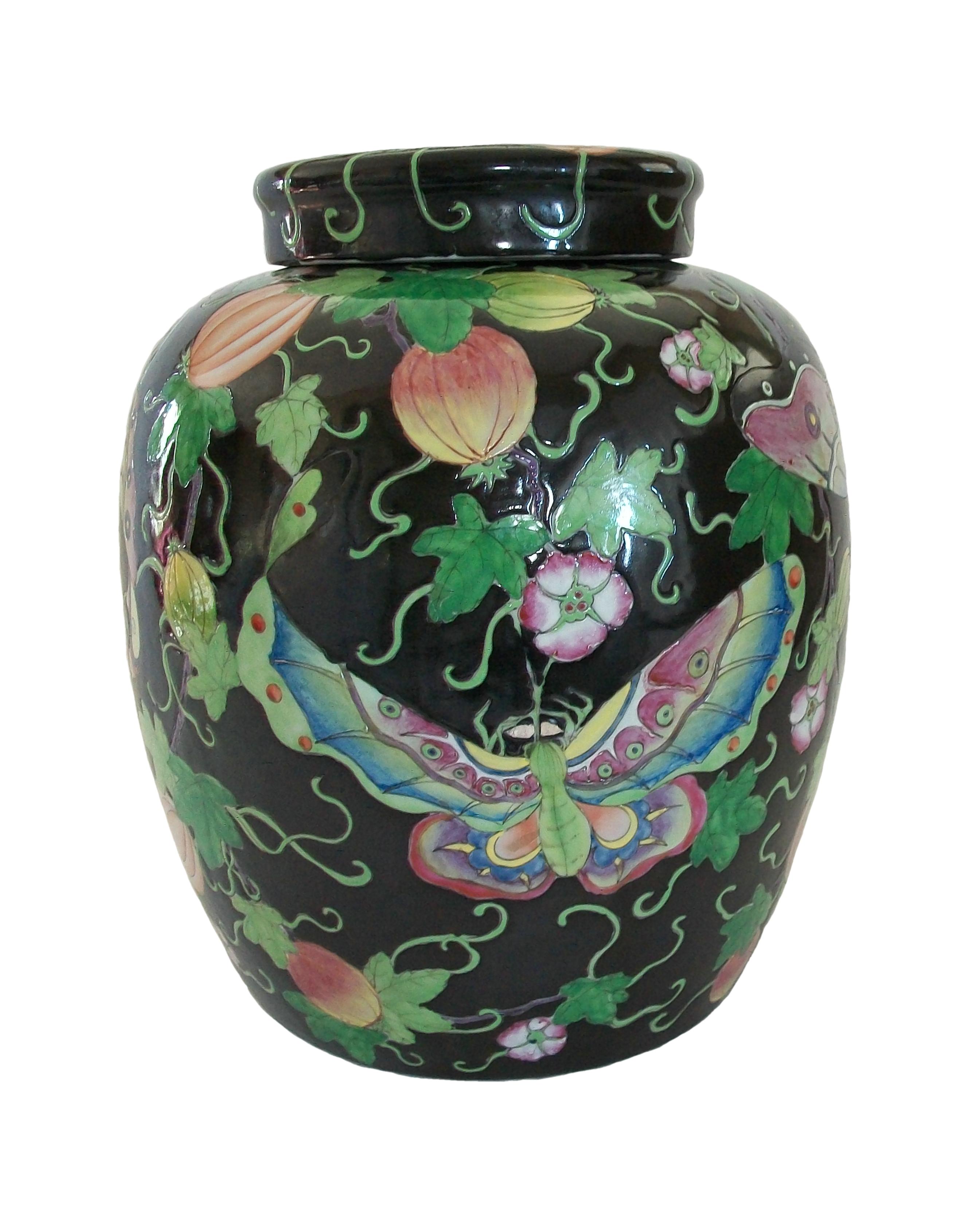 20th Century Antique Black Ground Famille Rose 'Butterfly' Ginger Jar, China, 19th Century For Sale