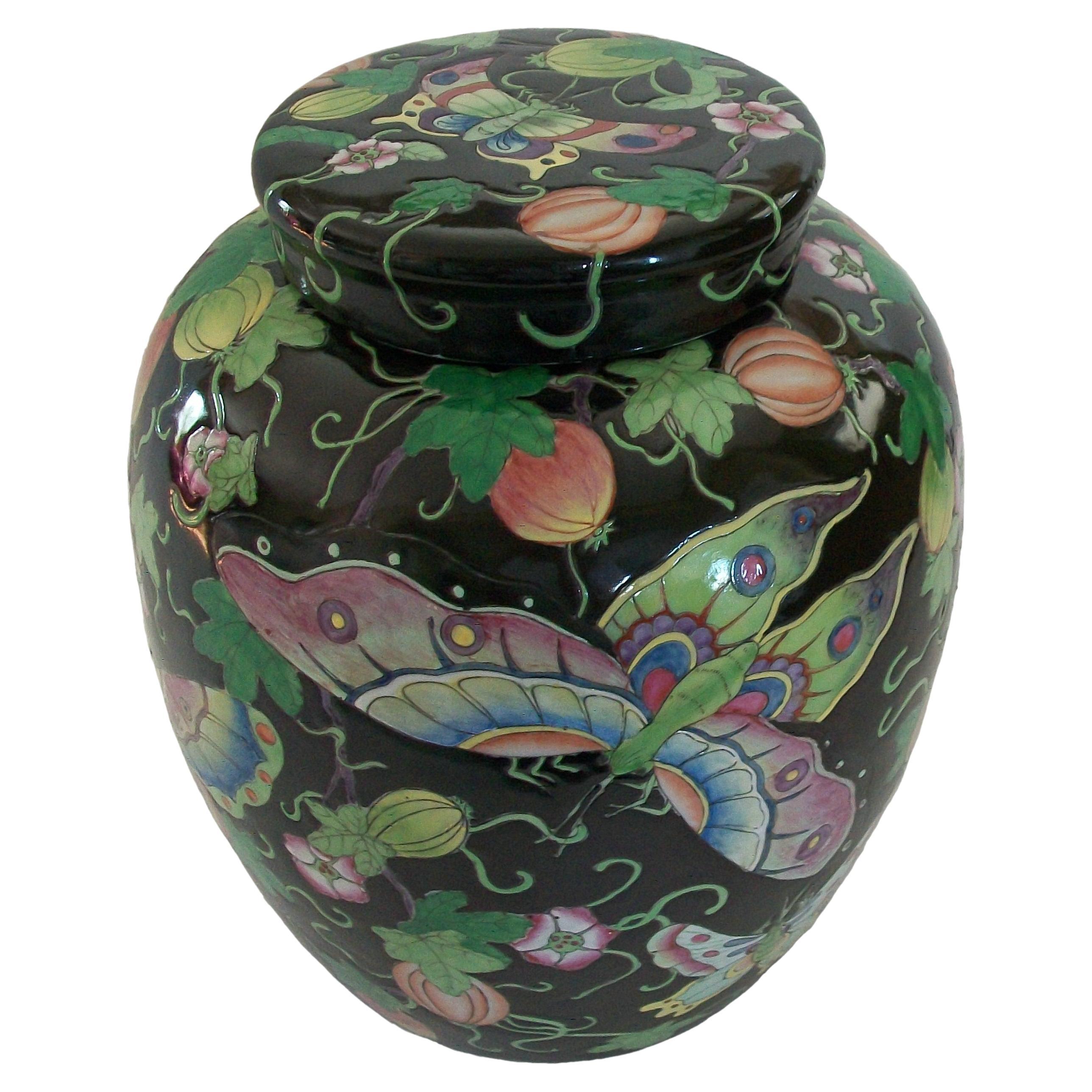 Antique Black Ground Famille Rose 'Butterfly' Ginger Jar, China, 19th Century For Sale