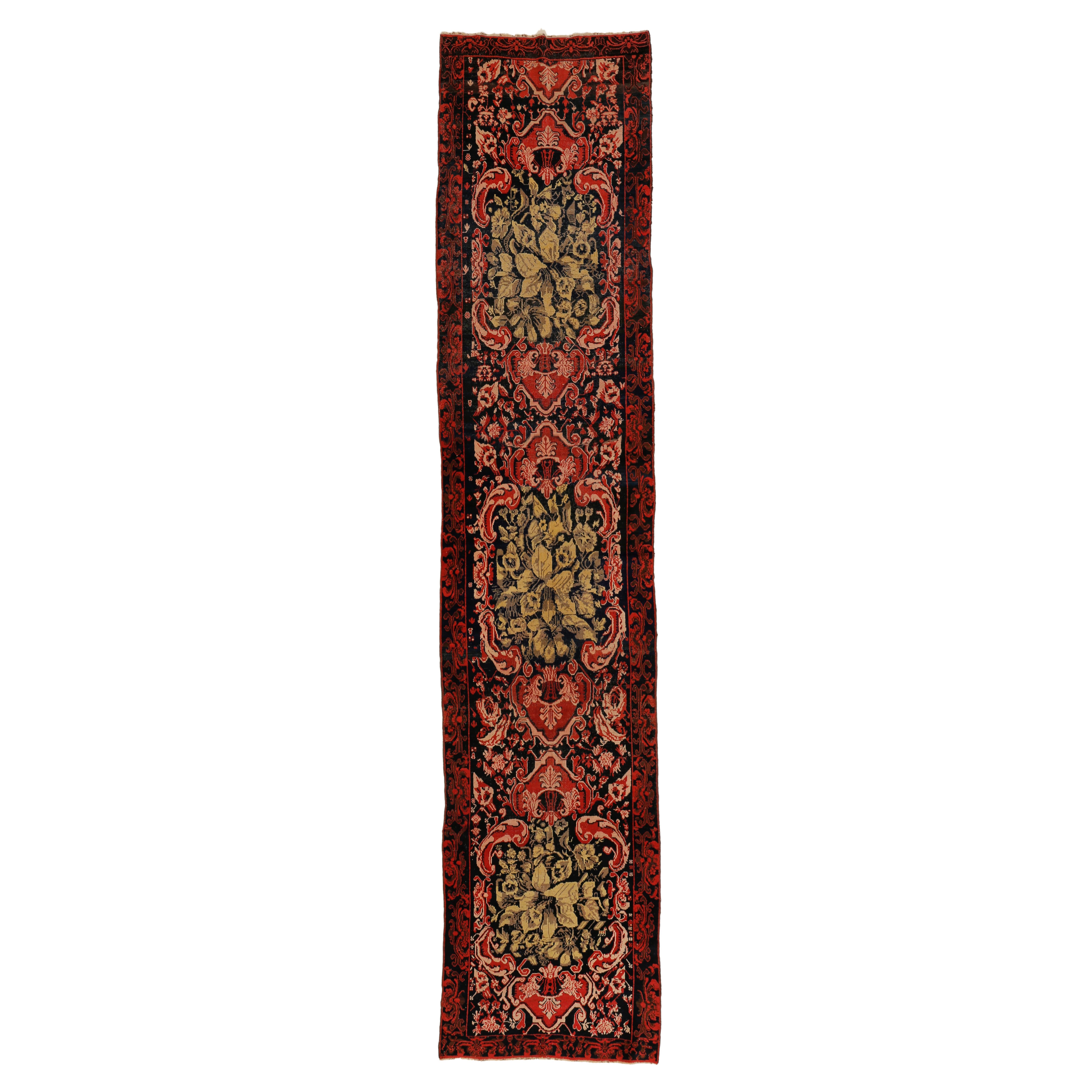 Antique Black Ground Qarabagh Blossom Long Rug in the St. Petersburg Style For Sale