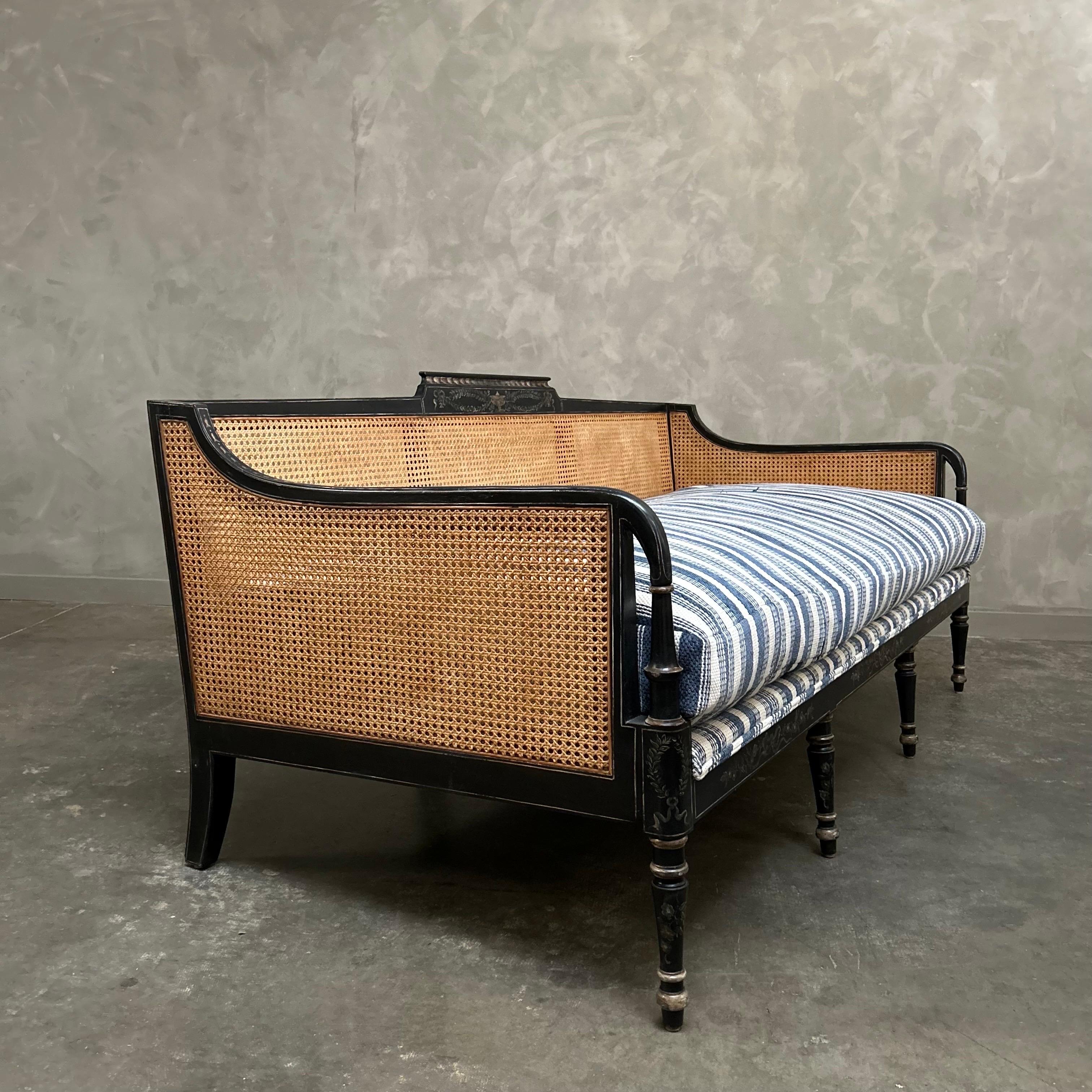 Antique Black Hand Painted Cane Daybed Sofa with Blue Ticking Upholstery For Sale 2