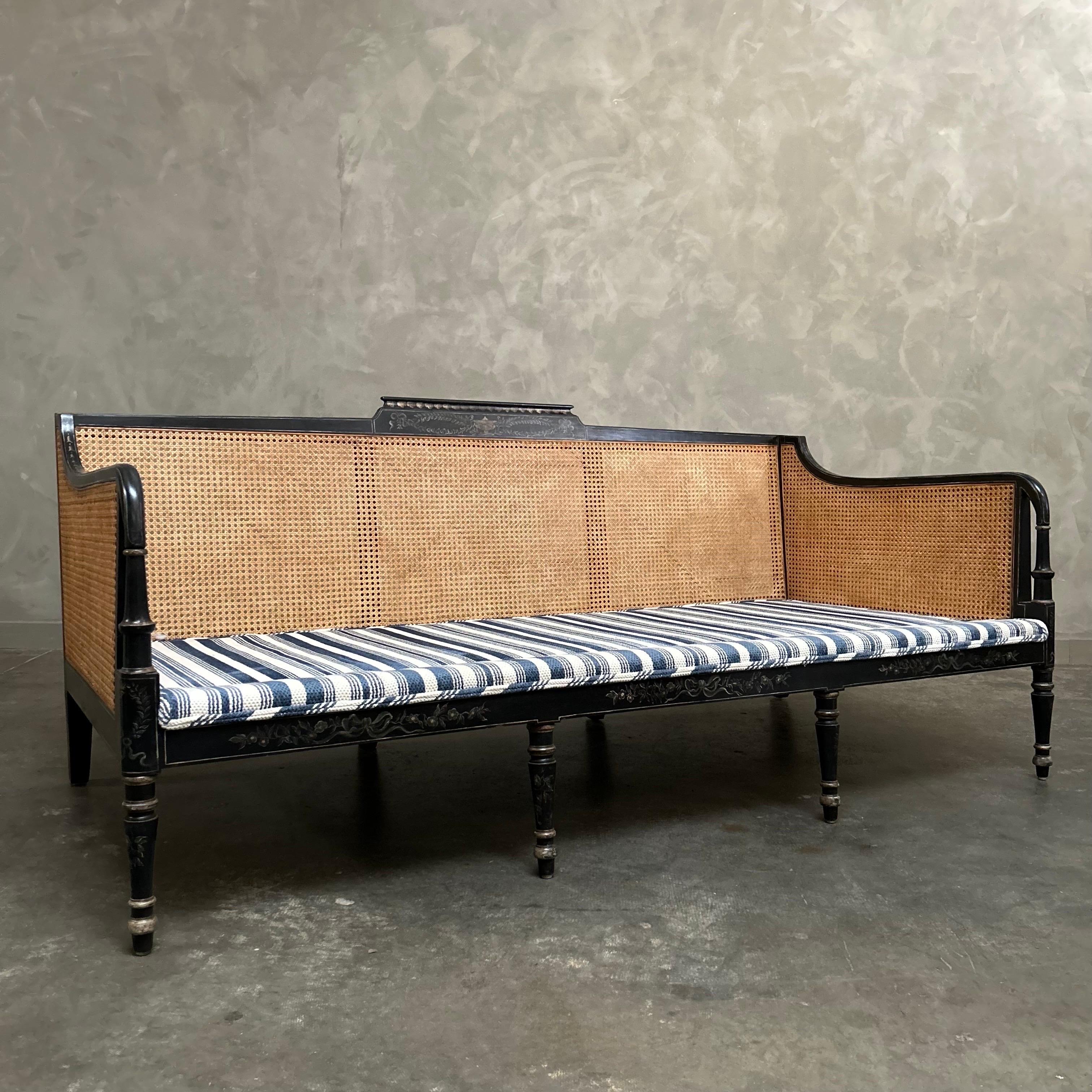 Antique Black Hand Painted Cane Daybed Sofa with Blue Ticking Upholstery For Sale 3
