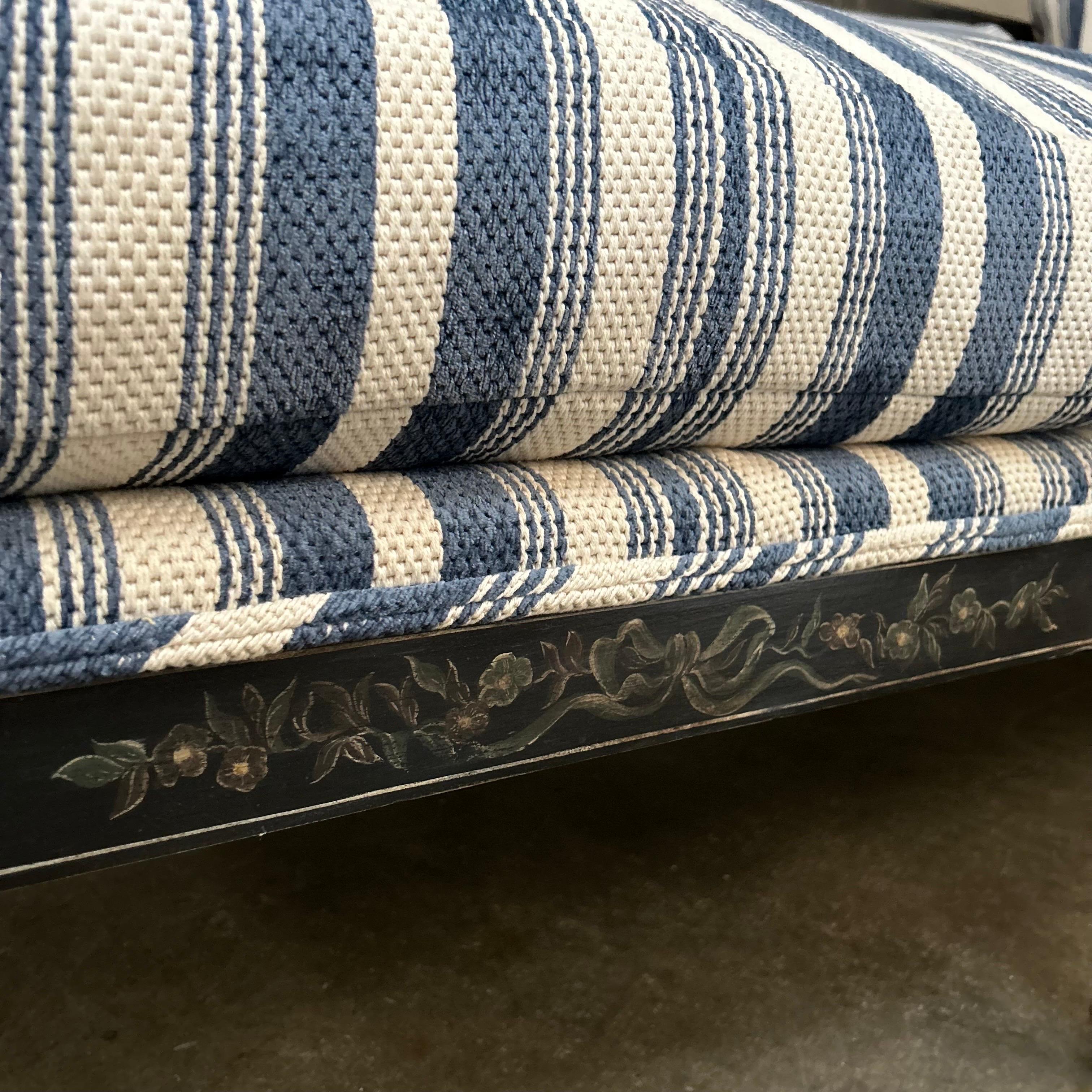Antique Black Hand Painted Cane Daybed Sofa with Blue Ticking Upholstery For Sale 4