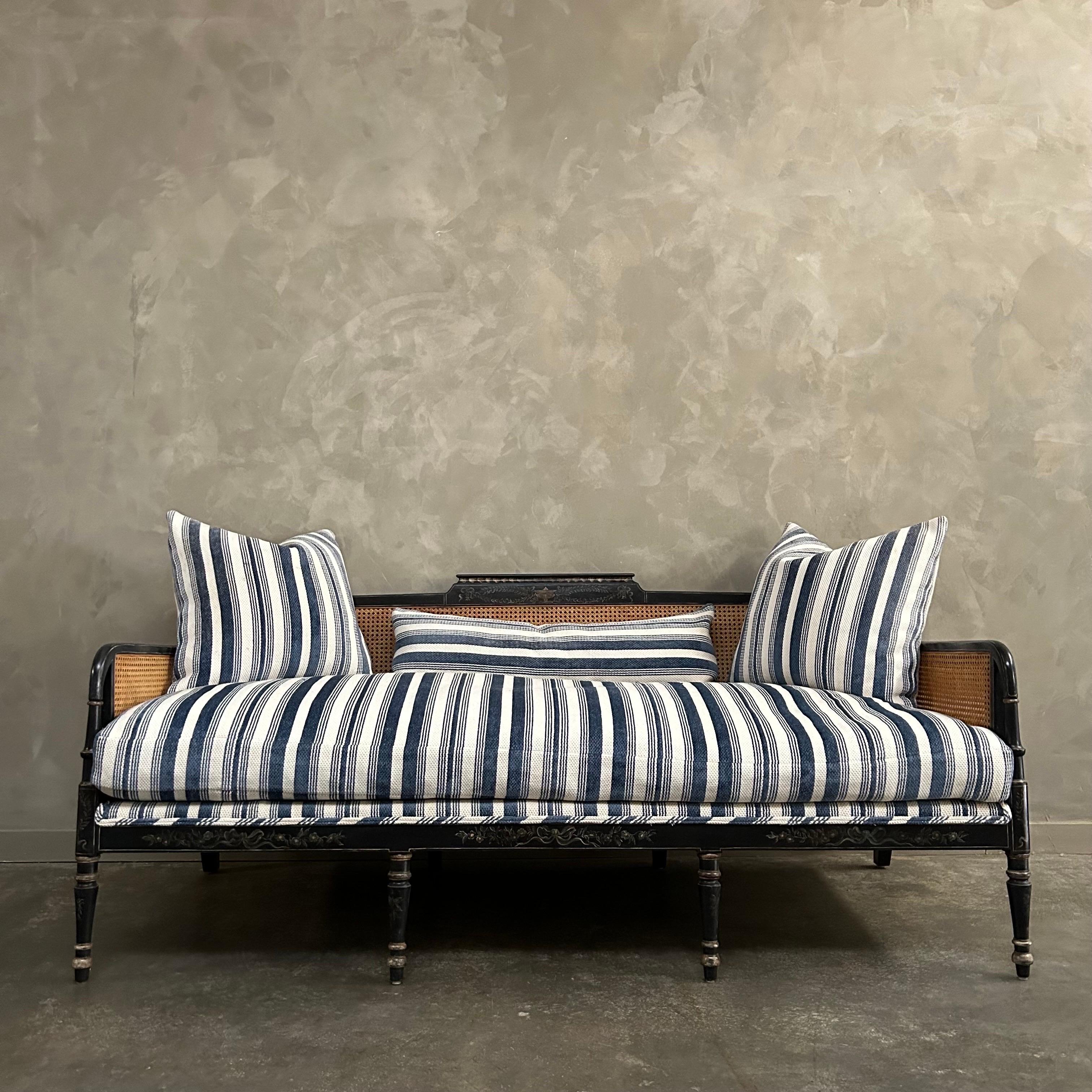 Antique Black Hand Painted Cane Daybed Sofa with Blue Ticking Upholstery For Sale 7