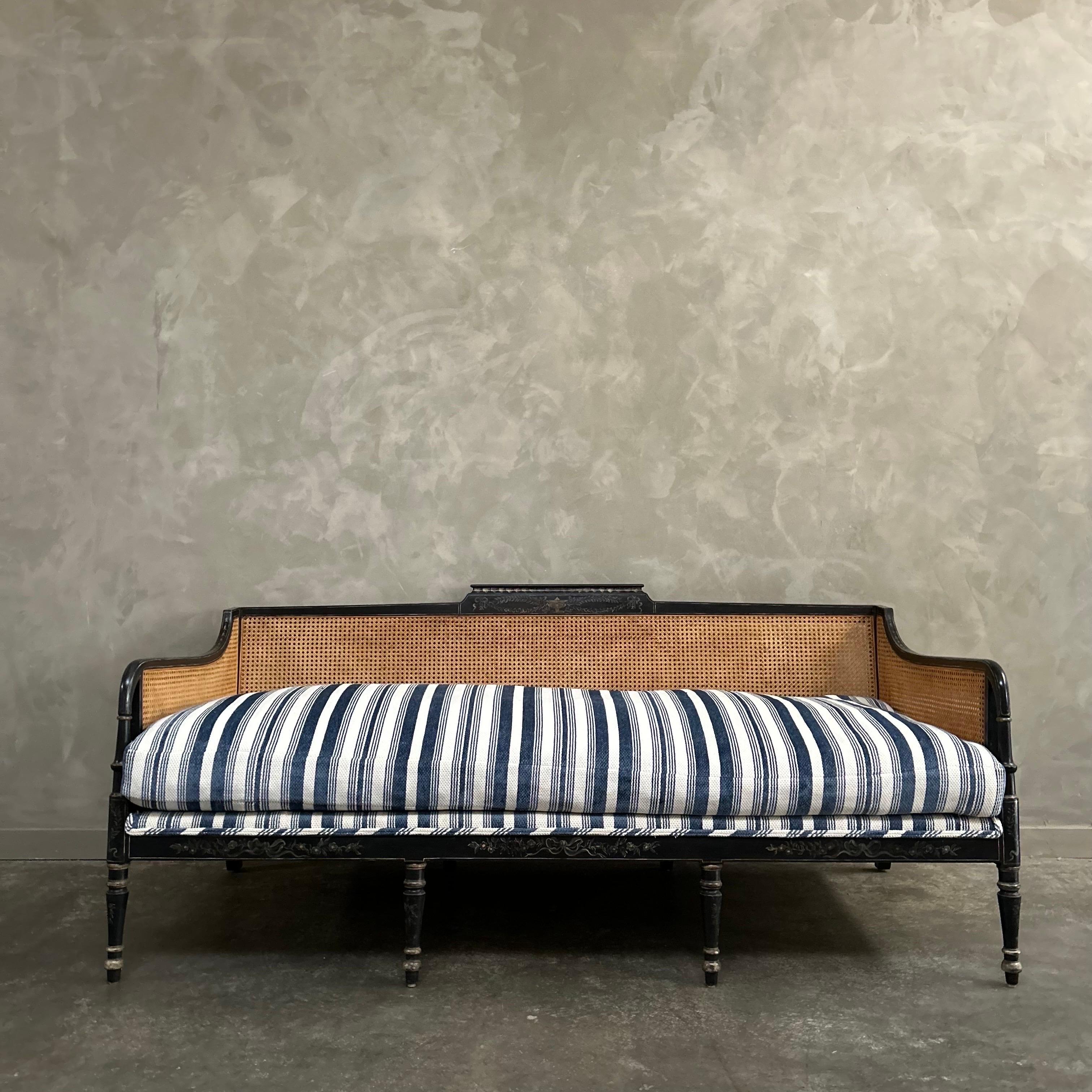 Antique Black Hand Painted Cane Daybed Sofa with Blue Ticking Upholstery For Sale 9