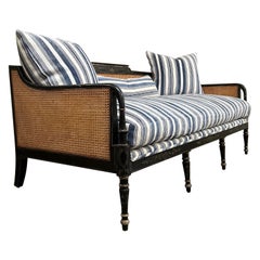 Antique Black Hand Painted Cane Daybed Sofa with Blue Ticking Upholstery