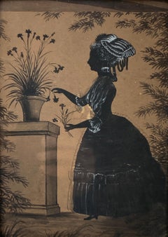 Antique Black Ink and Gouache Drawing of a Young Lady Made circa 1835