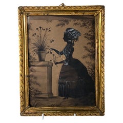 Antike schwarze Tusche- und Gouache-Zeichnung einer jungen Dame aus der Zeit um 1835