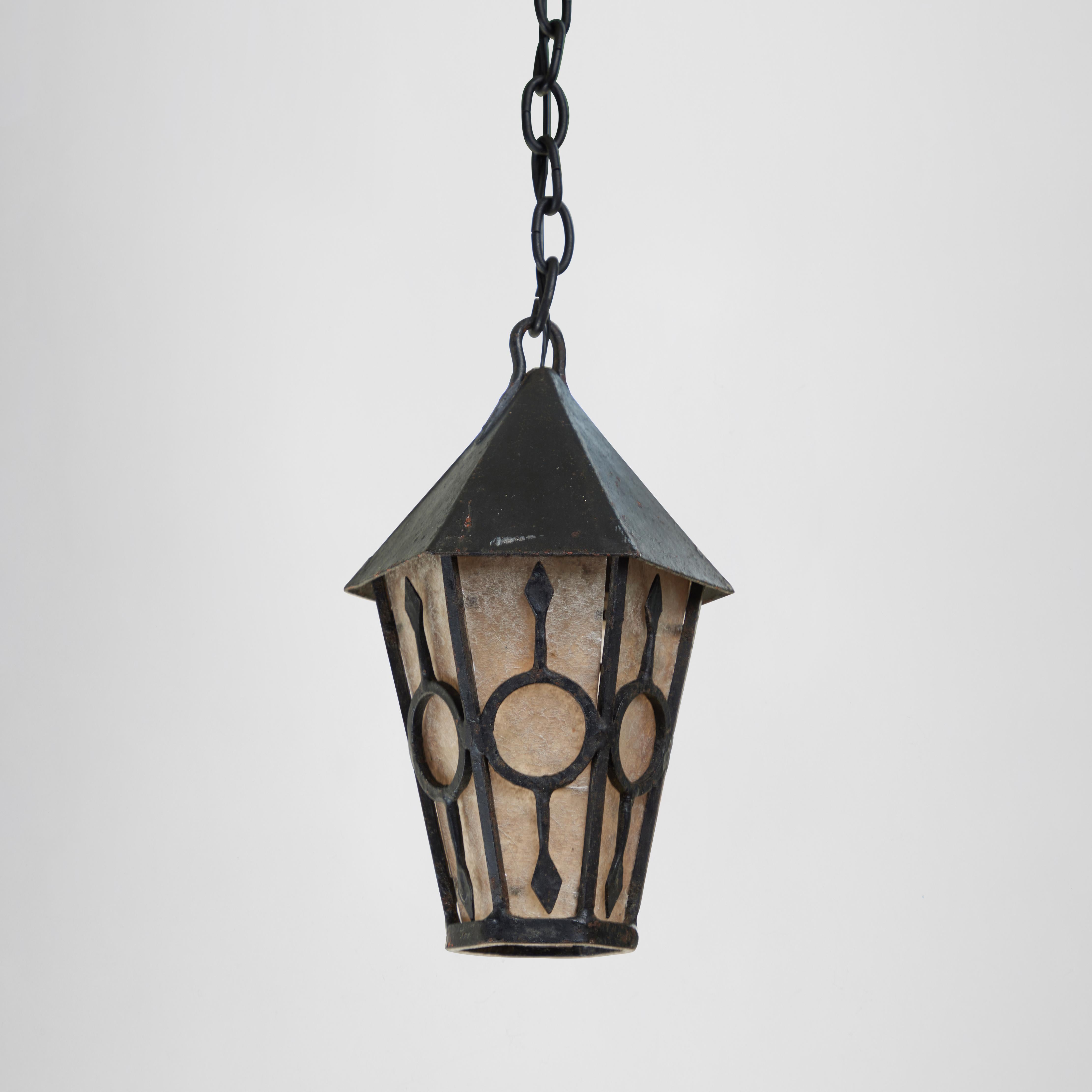 Antique Black Iron Hanging Lantern In Good Condition For Sale In Pasadena, CA