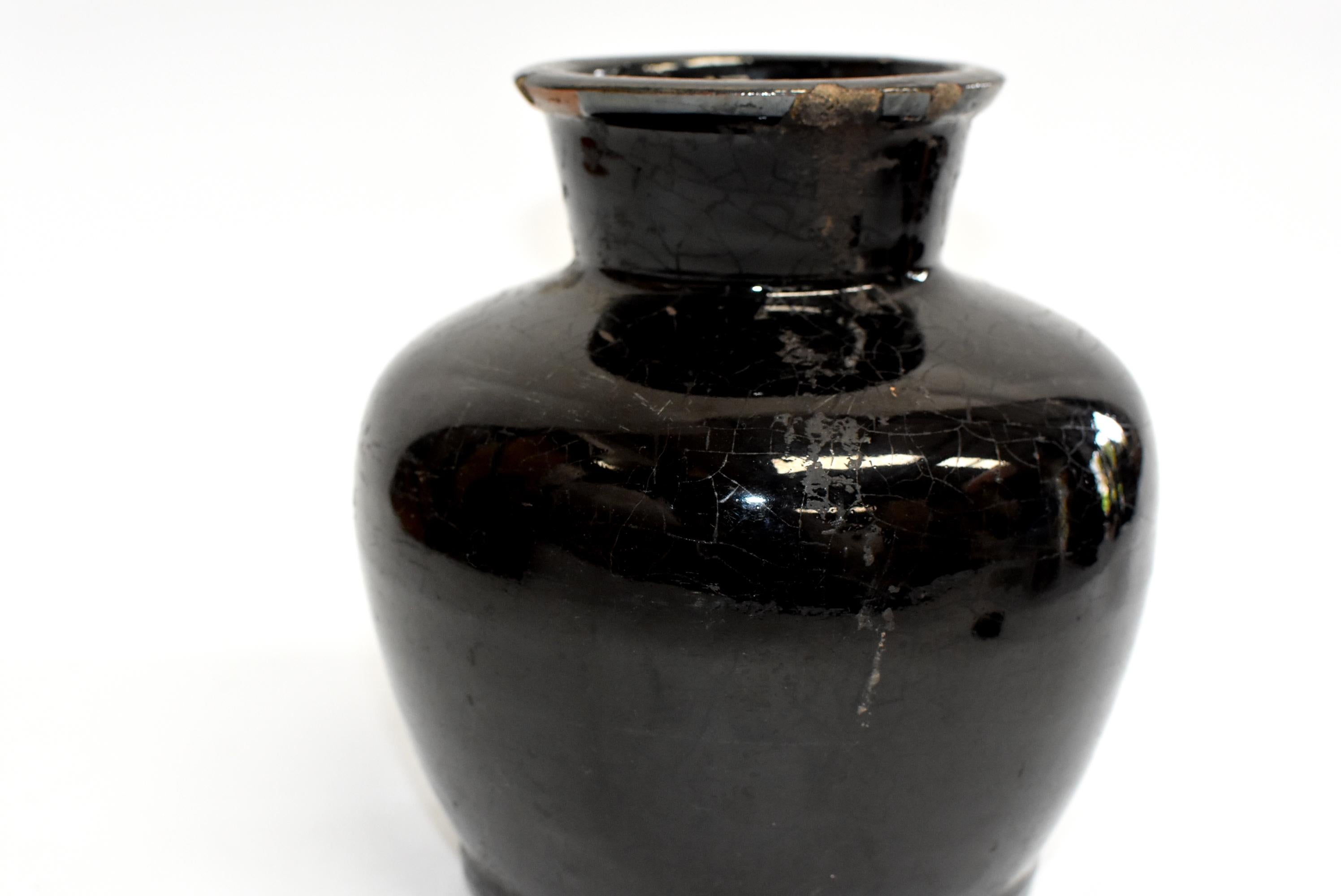 Antique Black Jar, High Neck, Handmade Chinese Pottery 4